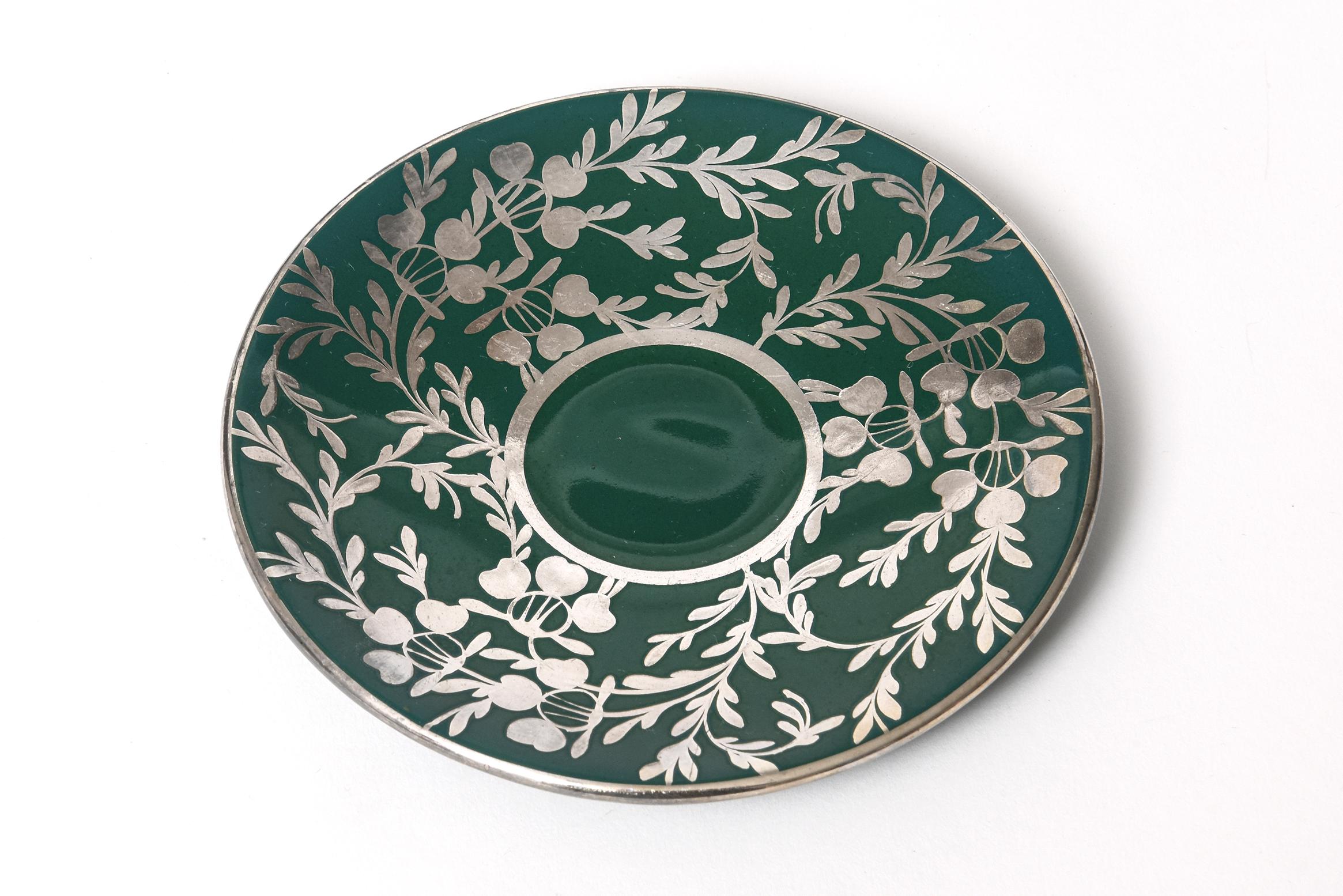 Art Nouveau Silver Overlay Green Porcelain Teapot Tea Service for Five 6