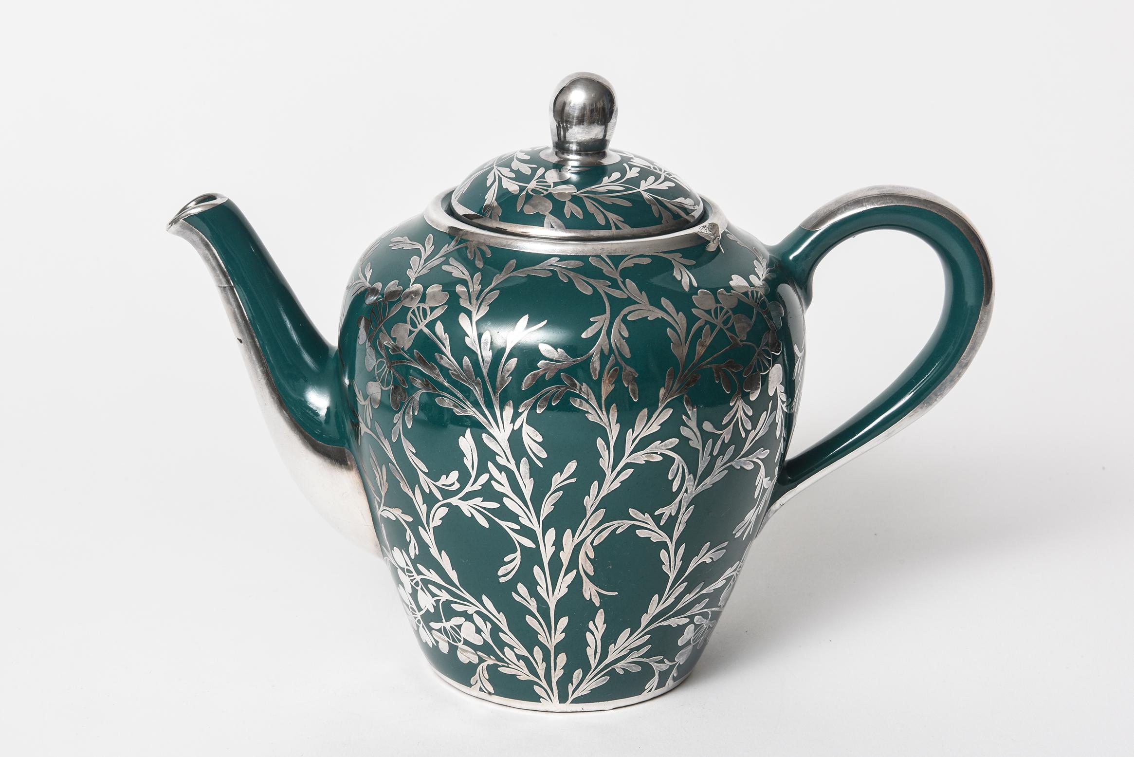 Art Nouveau Silver Overlay Green Porcelain Teapot Tea Service for Five In Good Condition In Miami Beach, FL