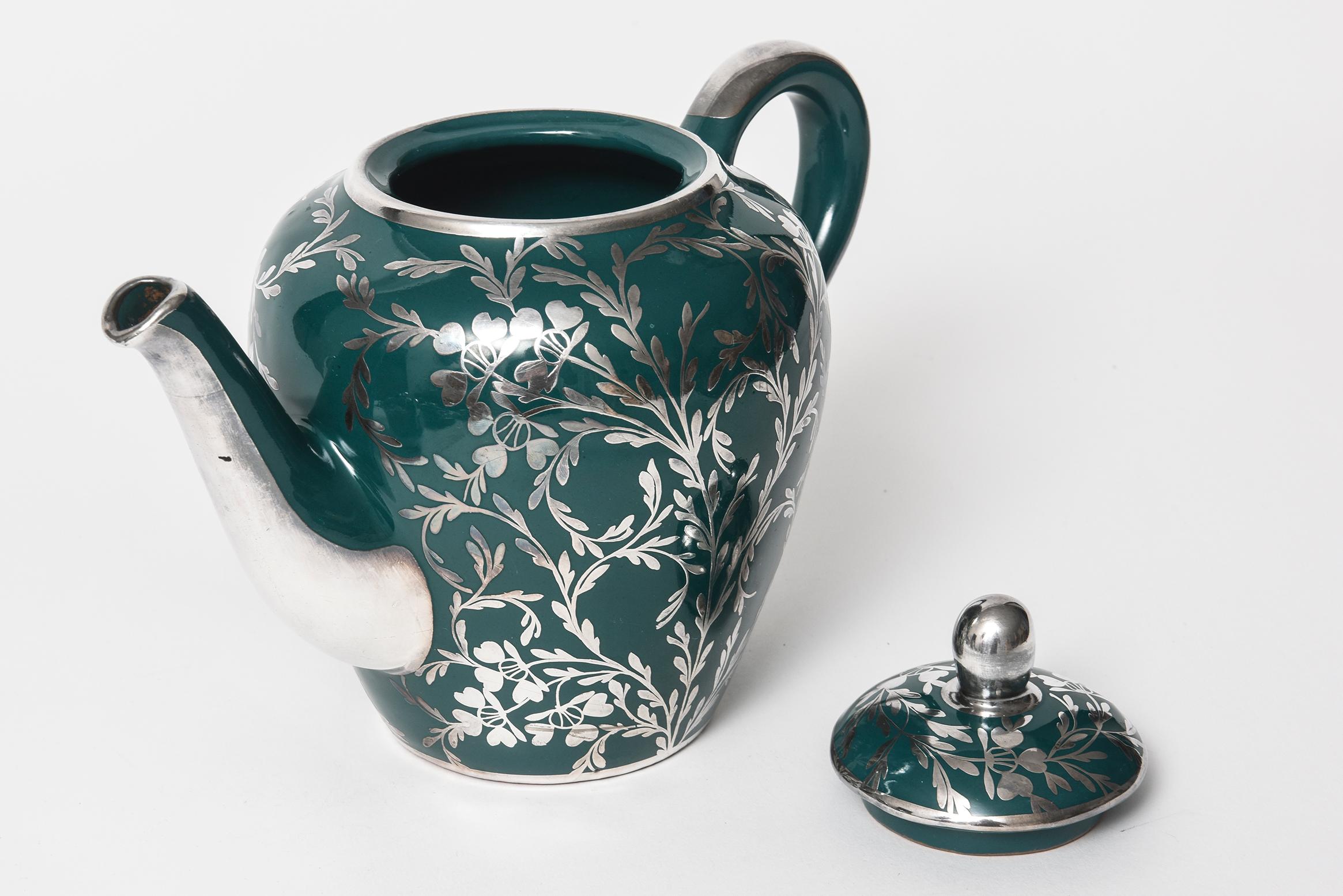 20th Century Art Nouveau Silver Overlay Green Porcelain Teapot Tea Service for Five