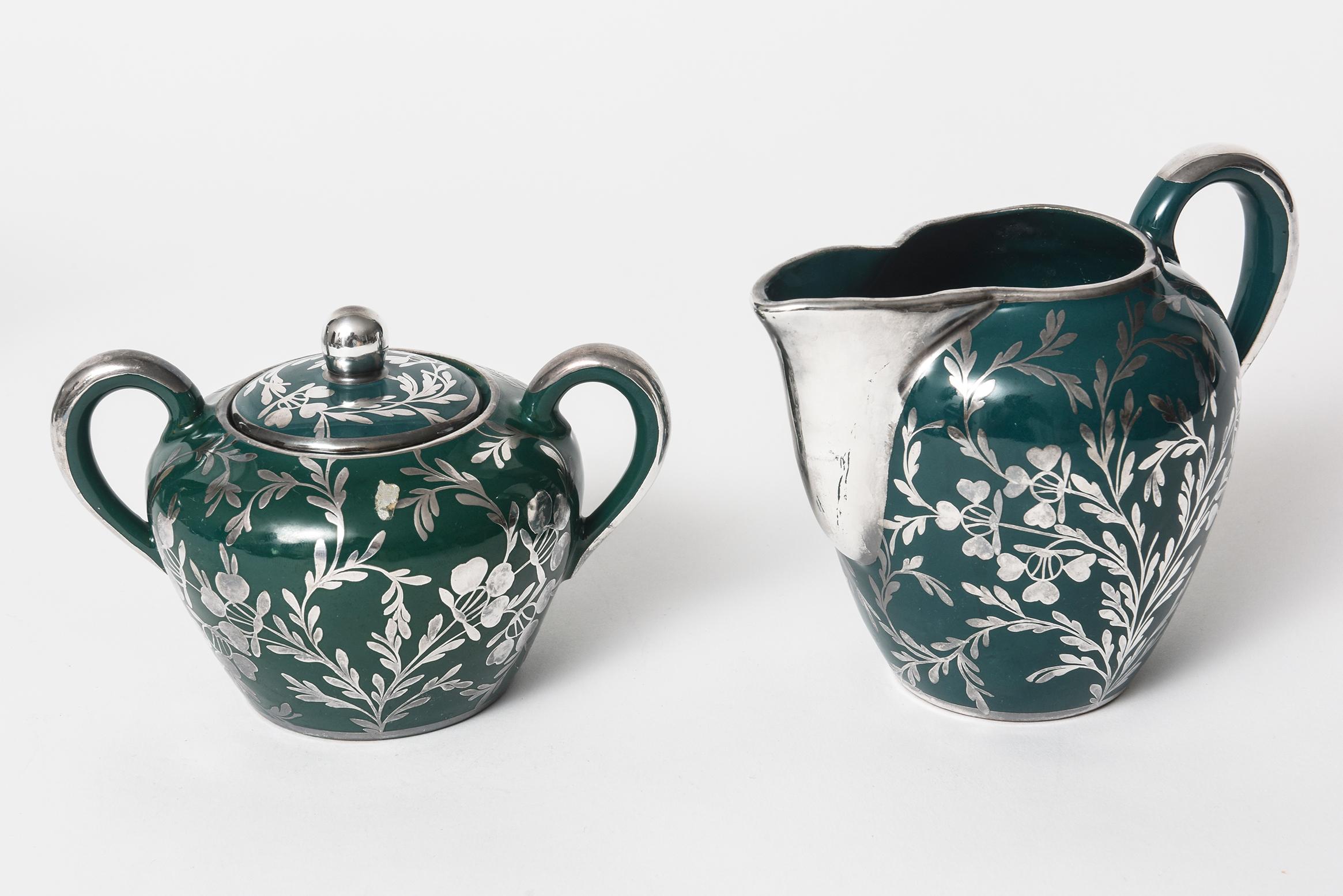 Art Nouveau Silver Overlay Green Porcelain Teapot Tea Service for Five 1