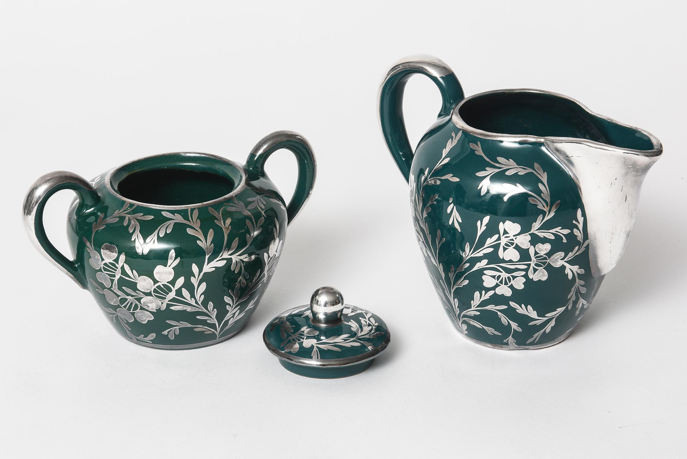 Art Nouveau Silver Overlay Green Porcelain Teapot Tea Service for Five 2