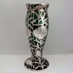 American Art Nouveau and Sterling Silver Overlay Green Glass Vase