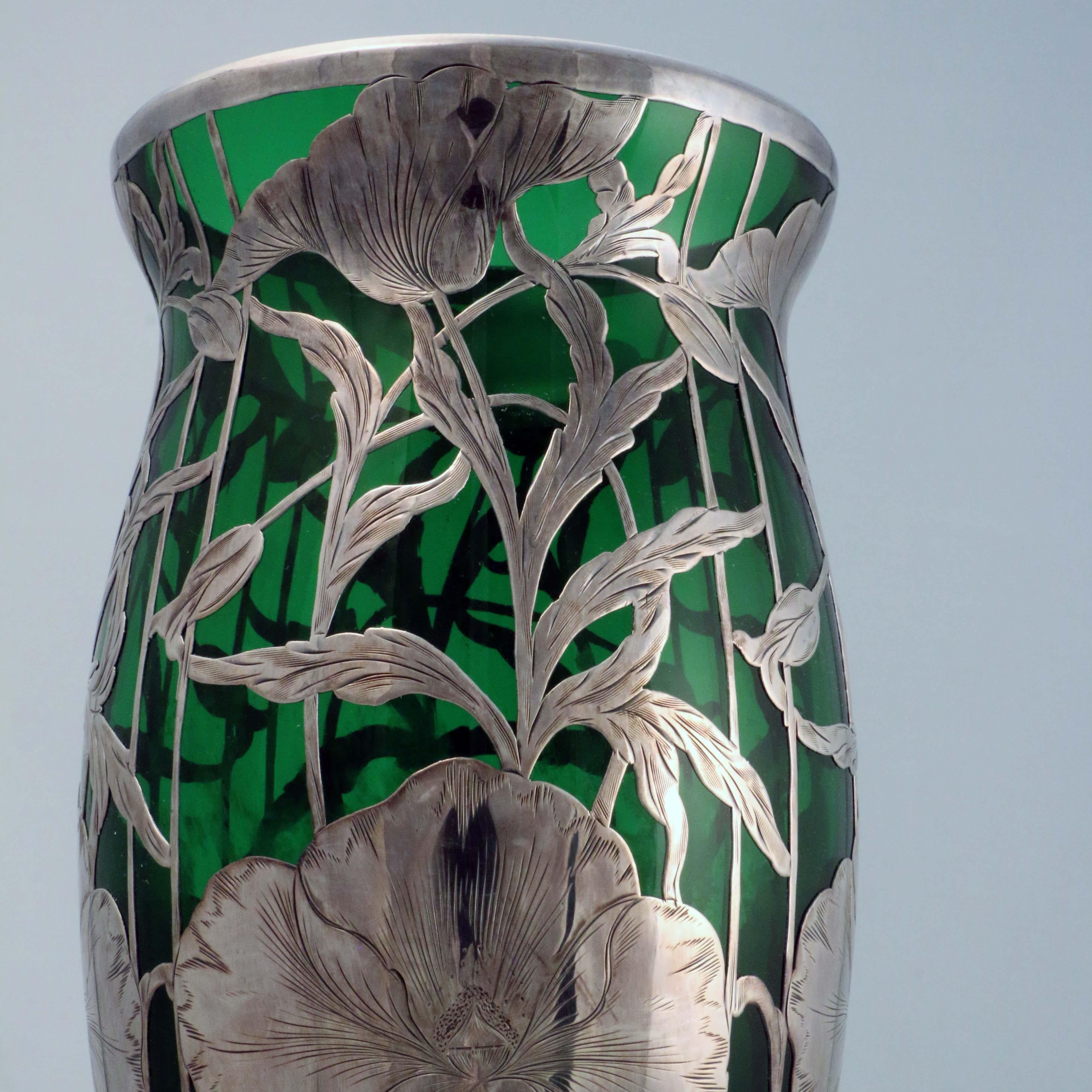 Hand-Crafted American Art Nouveau and Sterling Silver Overlay Green Glass Vase