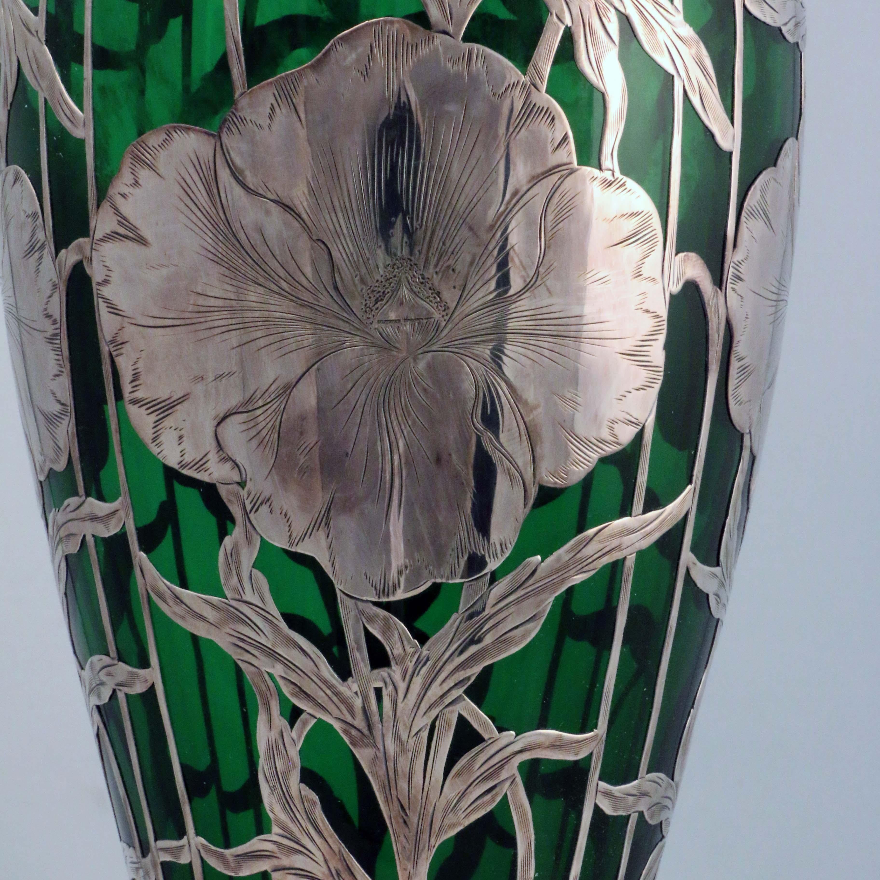 20th Century American Art Nouveau and Sterling Silver Overlay Green Glass Vase