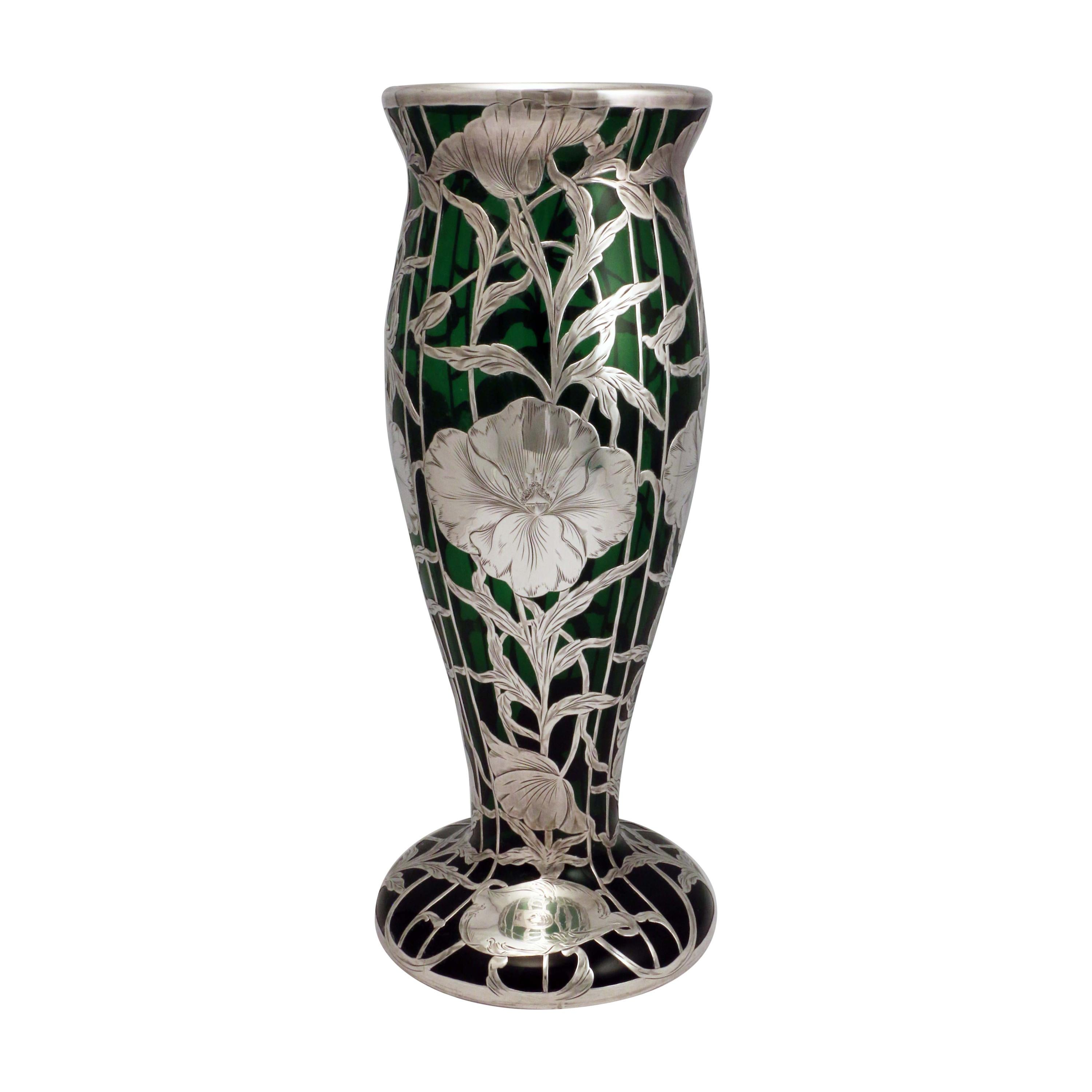 American Art Nouveau and Sterling Silver Overlay Green Glass Vase
