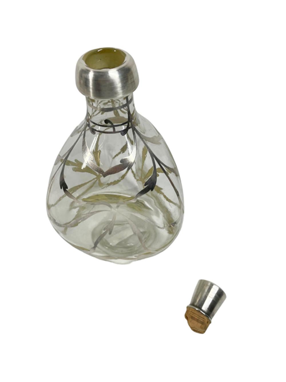 American Art Nouveau Silver Overlay Pinch Decanter with Scrolling Leaf Decoration For Sale