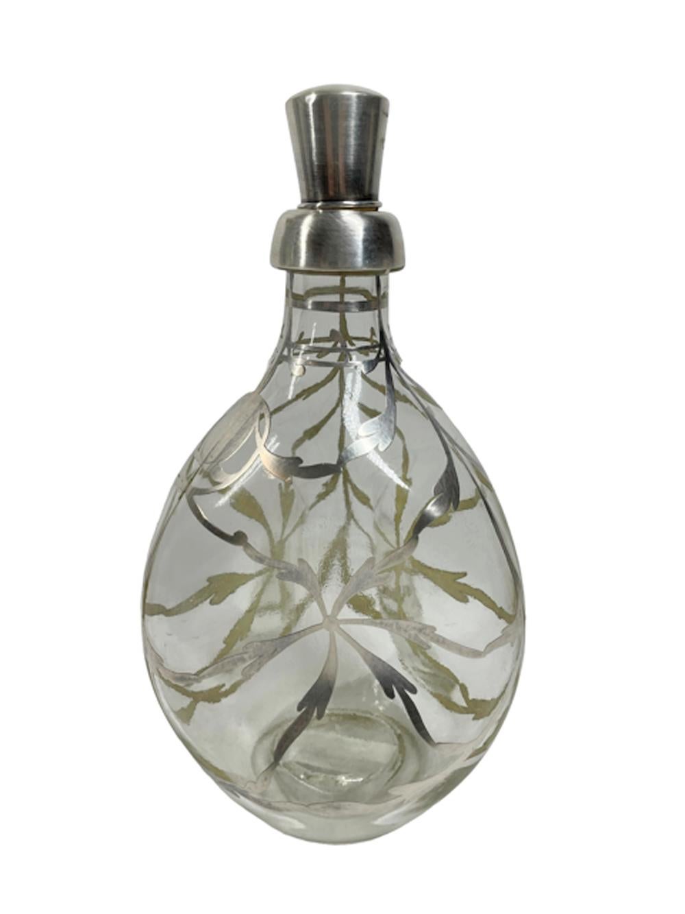 19th Century Art Nouveau Silver Overlay Pinch Decanter with Scrolling Leaf Decoration For Sale