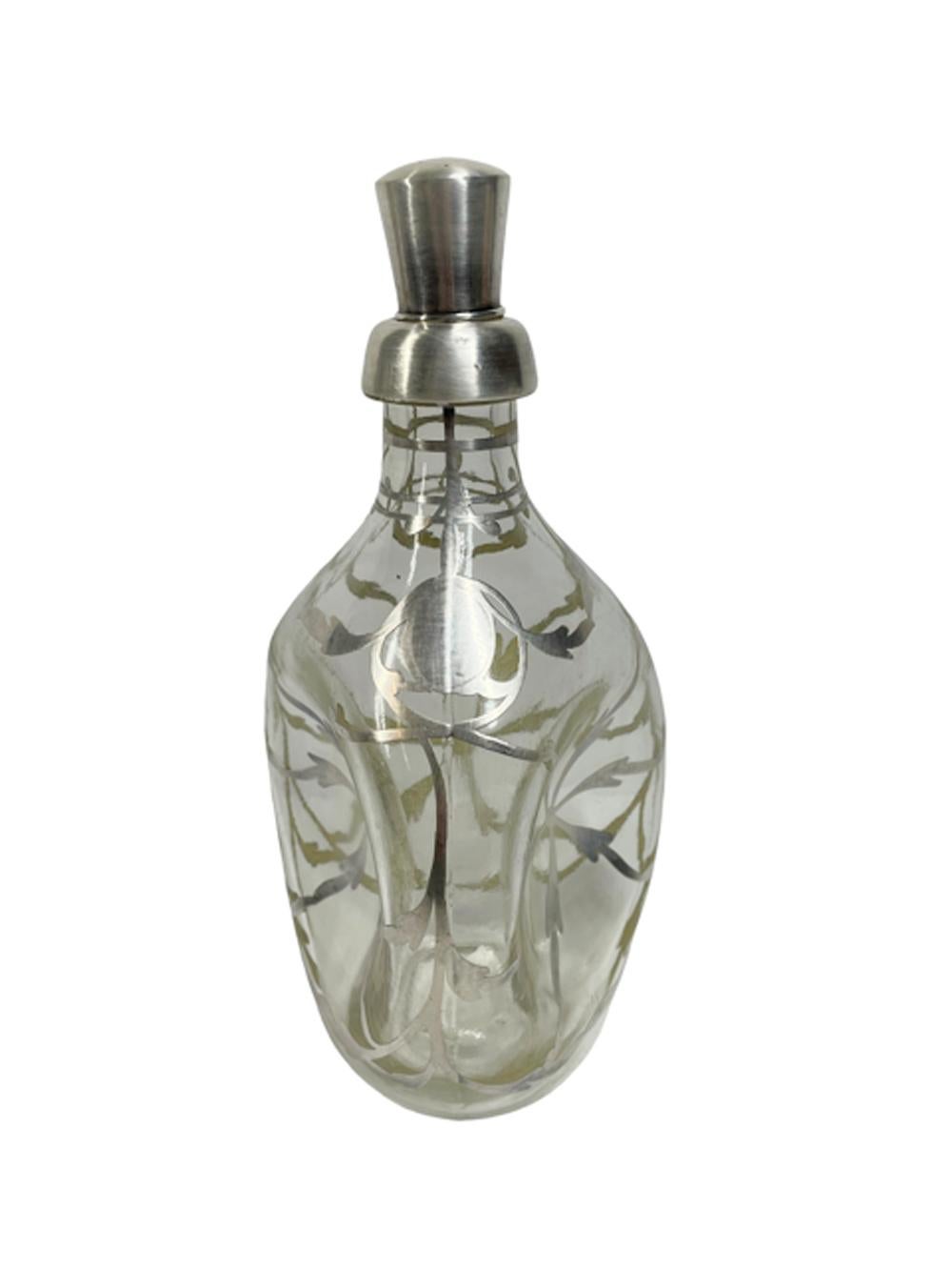 Sterling Silver Art Nouveau Silver Overlay Pinch Decanter with Scrolling Leaf Decoration For Sale