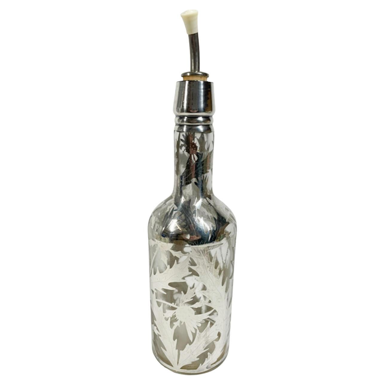 Art Nouveau Silver Overlay "Scotch" Back Bar Bottle / Decanter with Thistles For Sale