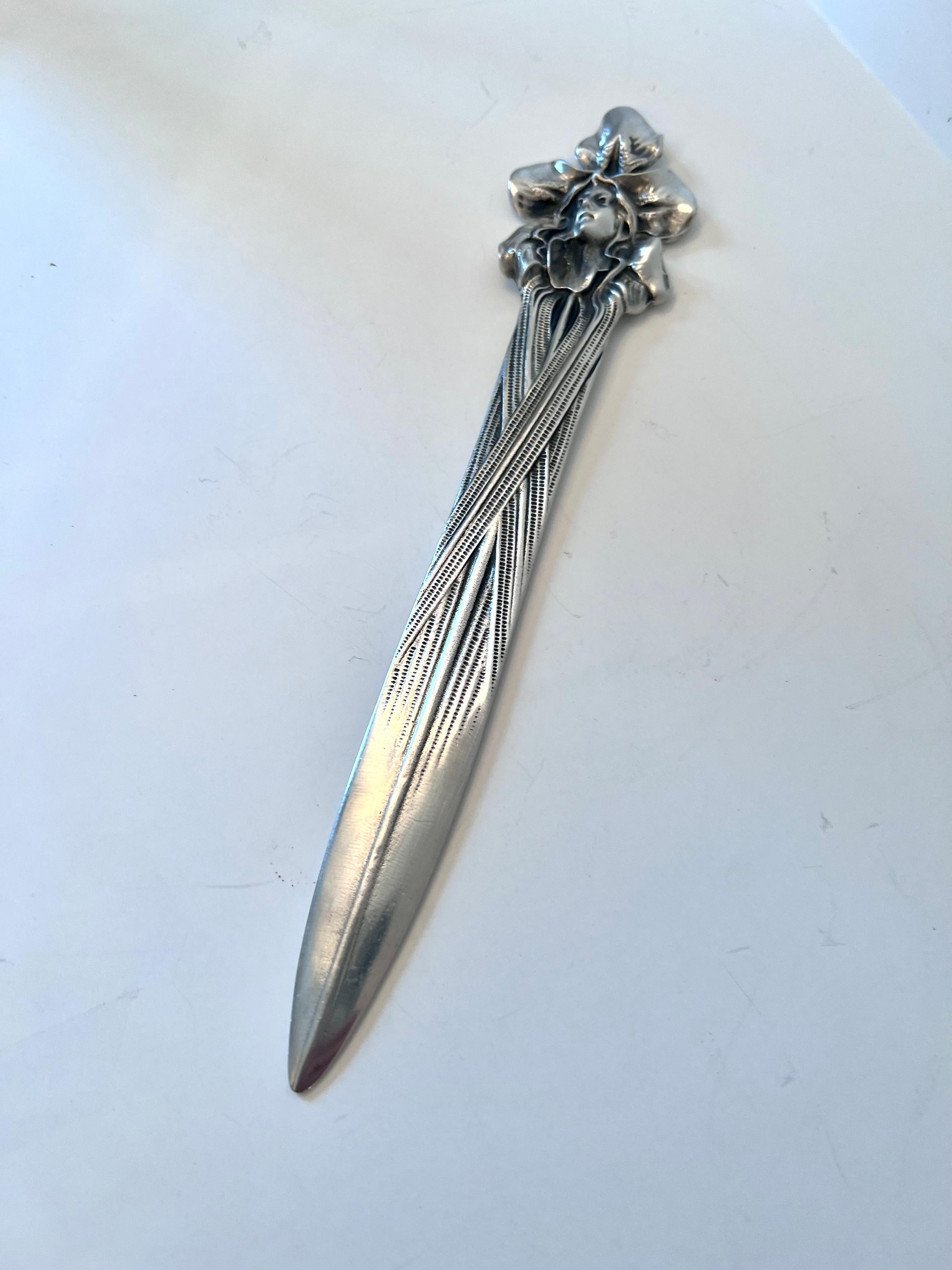 Patinated Art Nouveau Silver Pewter Letter Opener with the Image of a Lady For Sale