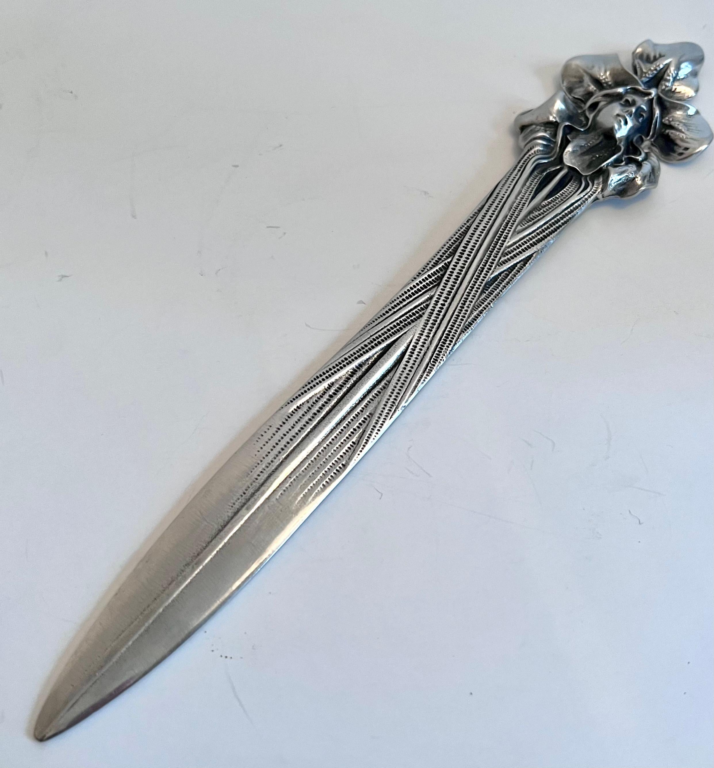 Art Nouveau Silver Pewter Letter Opener with the Image of a Lady In Good Condition For Sale In Los Angeles, CA