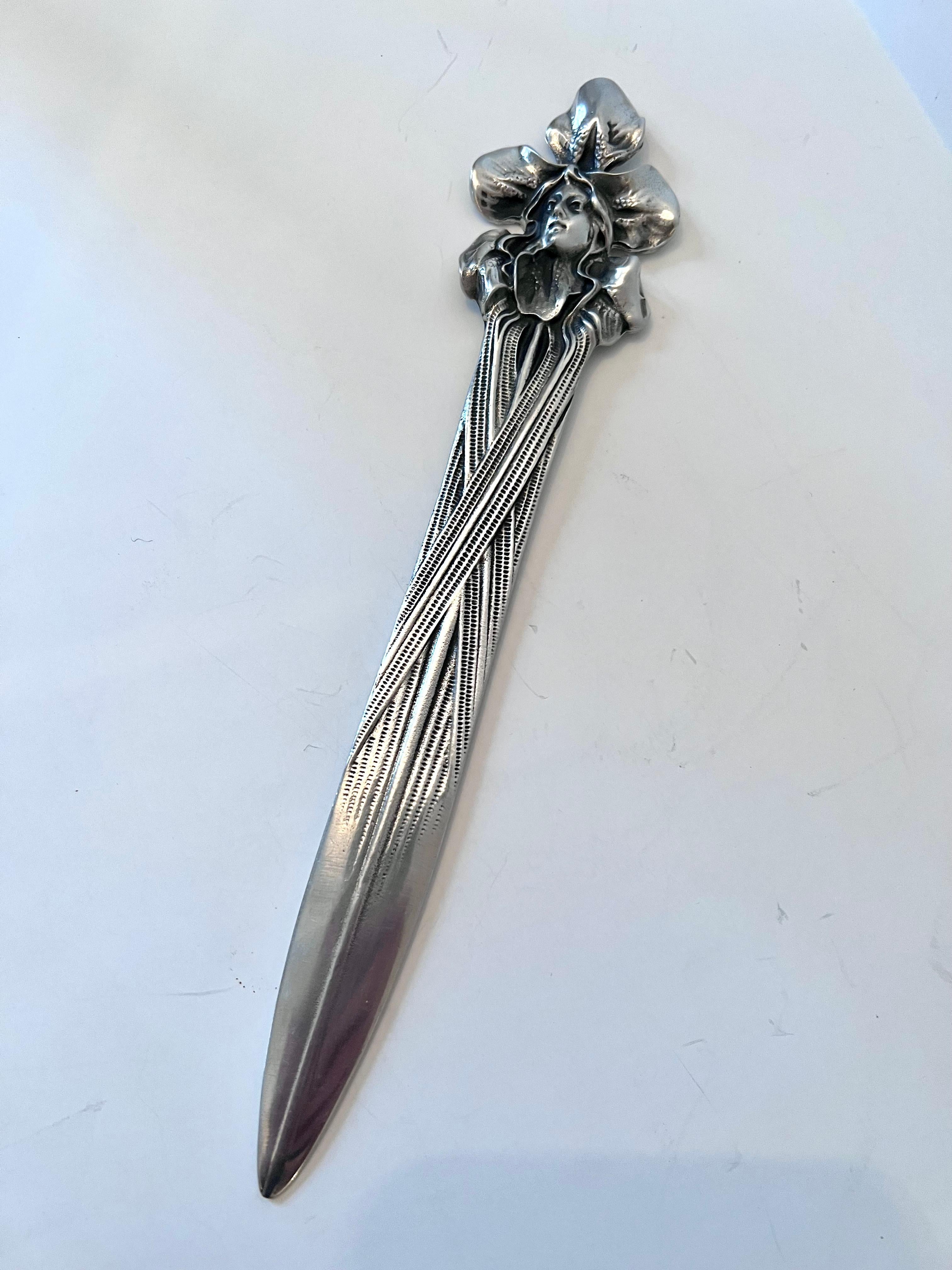 20th Century Art Nouveau Silver Pewter Letter Opener with the Image of a Lady For Sale