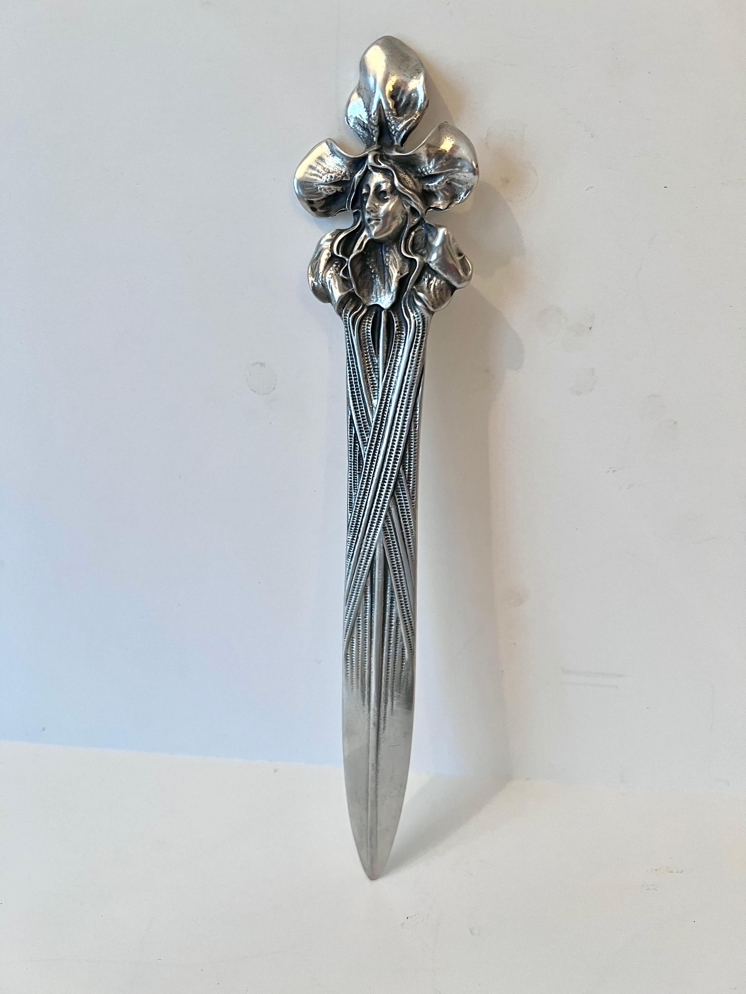 Art Nouveau Silver Pewter Letter Opener with the Image of a Lady For Sale 1