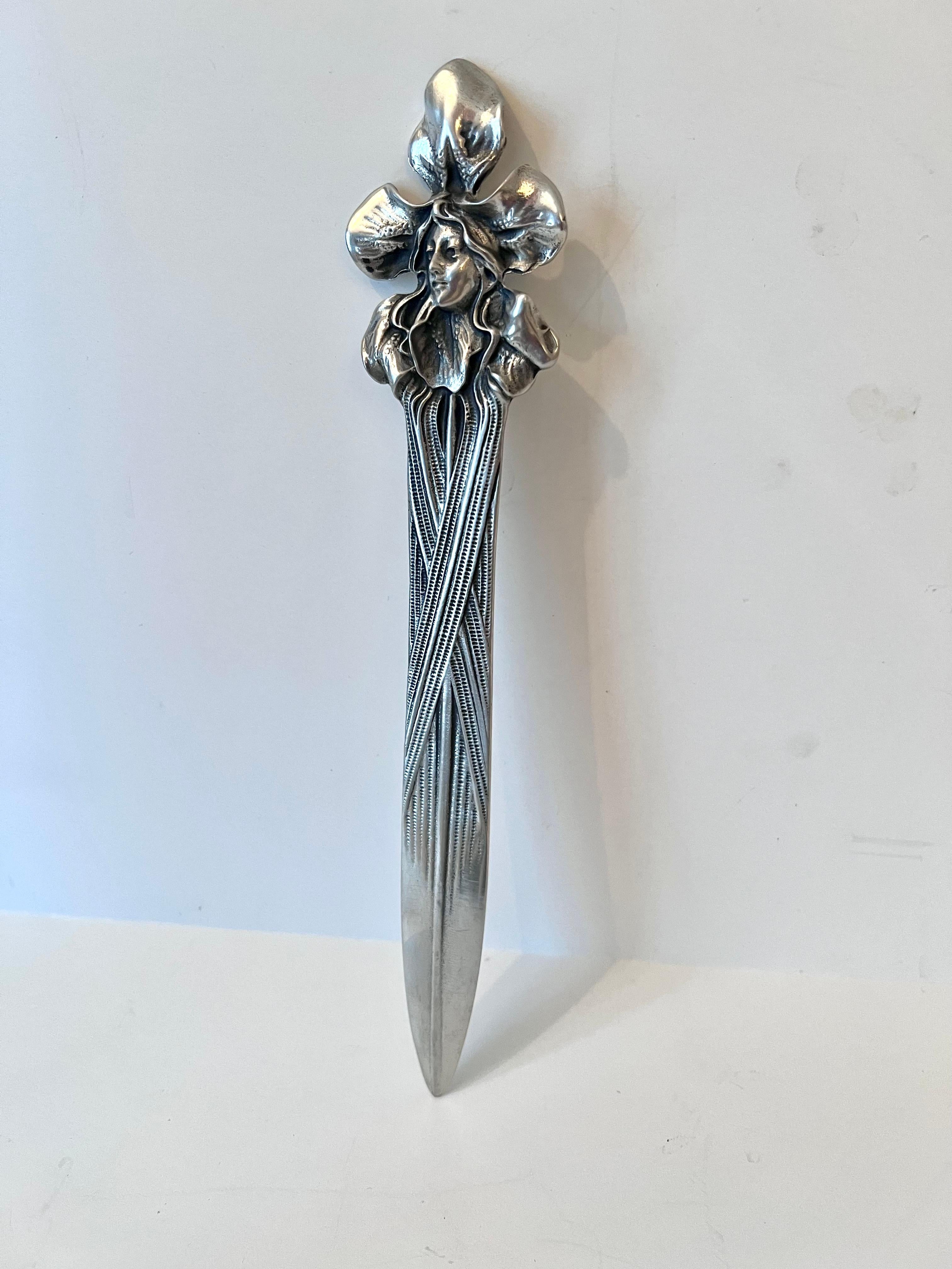 Art Nouveau Silver Pewter Letter Opener with the Image of a Lady For Sale 2