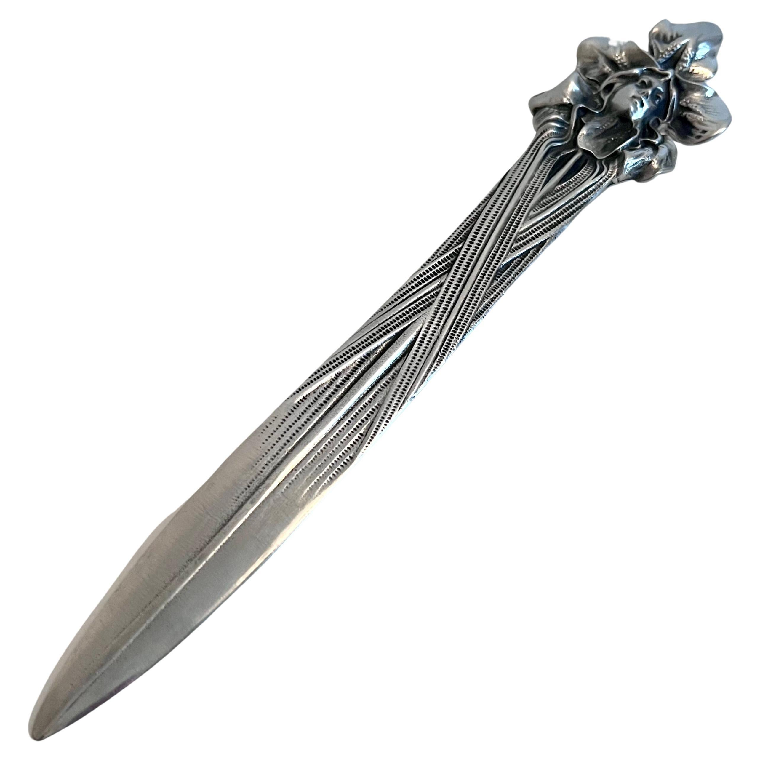 Art Nouveau Silver Pewter Letter Opener with the Image of a Lady For Sale