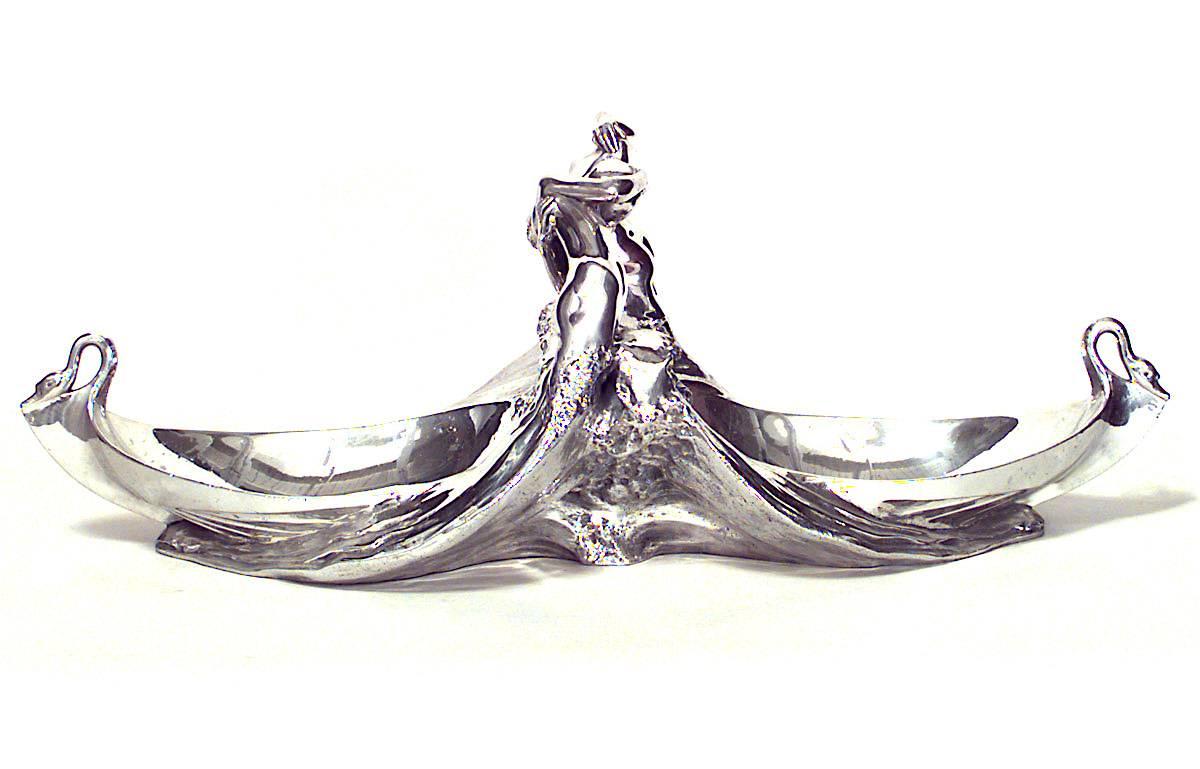 Art Nouveau silver plate centerpiece with 2 bowls separated by a center handle of 2 embracing ladies (signed MAX BLONDAT)
