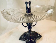 Art Nouveau Plato de plata con centro de cristal tallado y candelabro Alemania EP