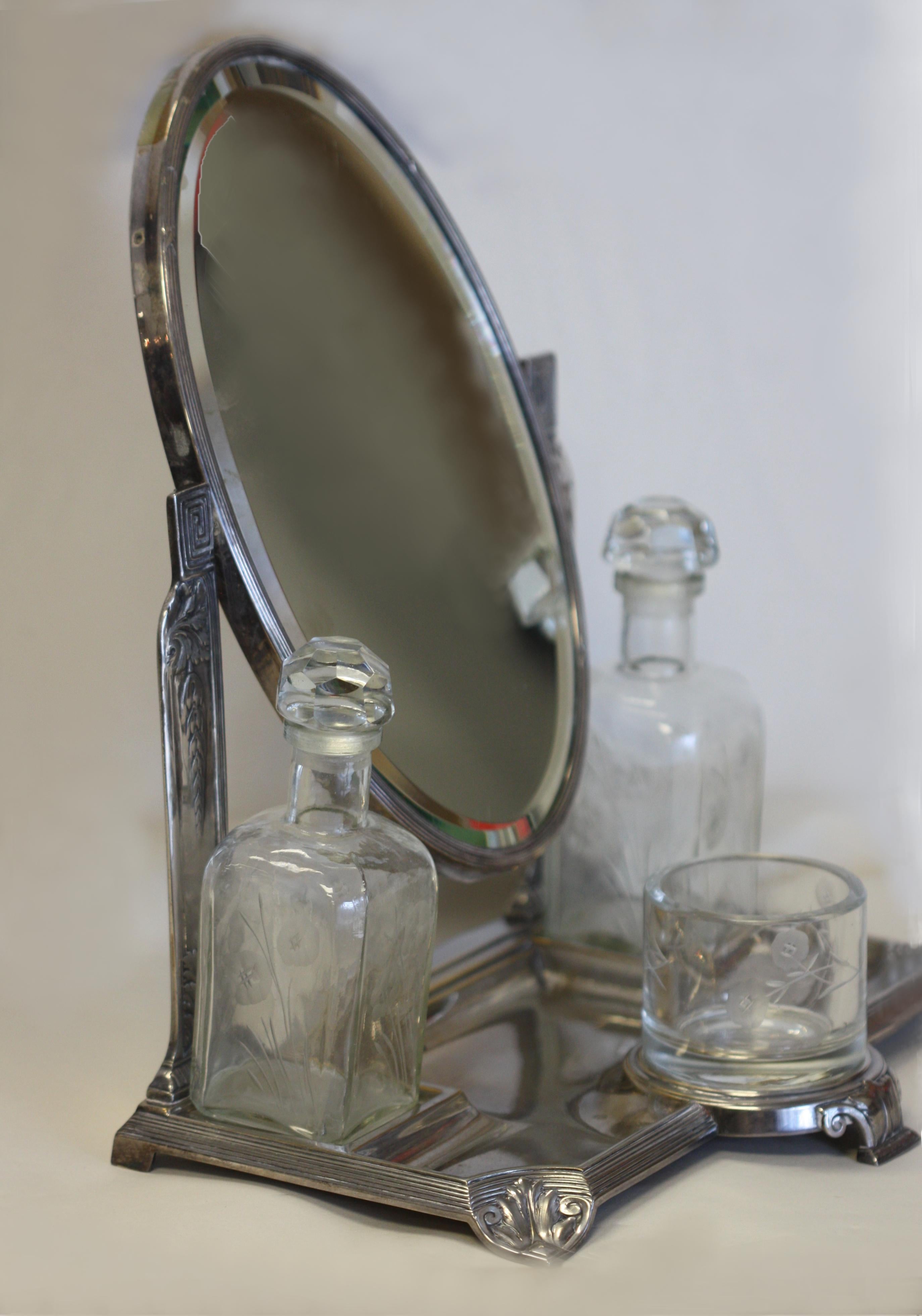 20th Century  Art Nouveau Silver Plate & Cut Glass Mirror Dressing Set For Sale
