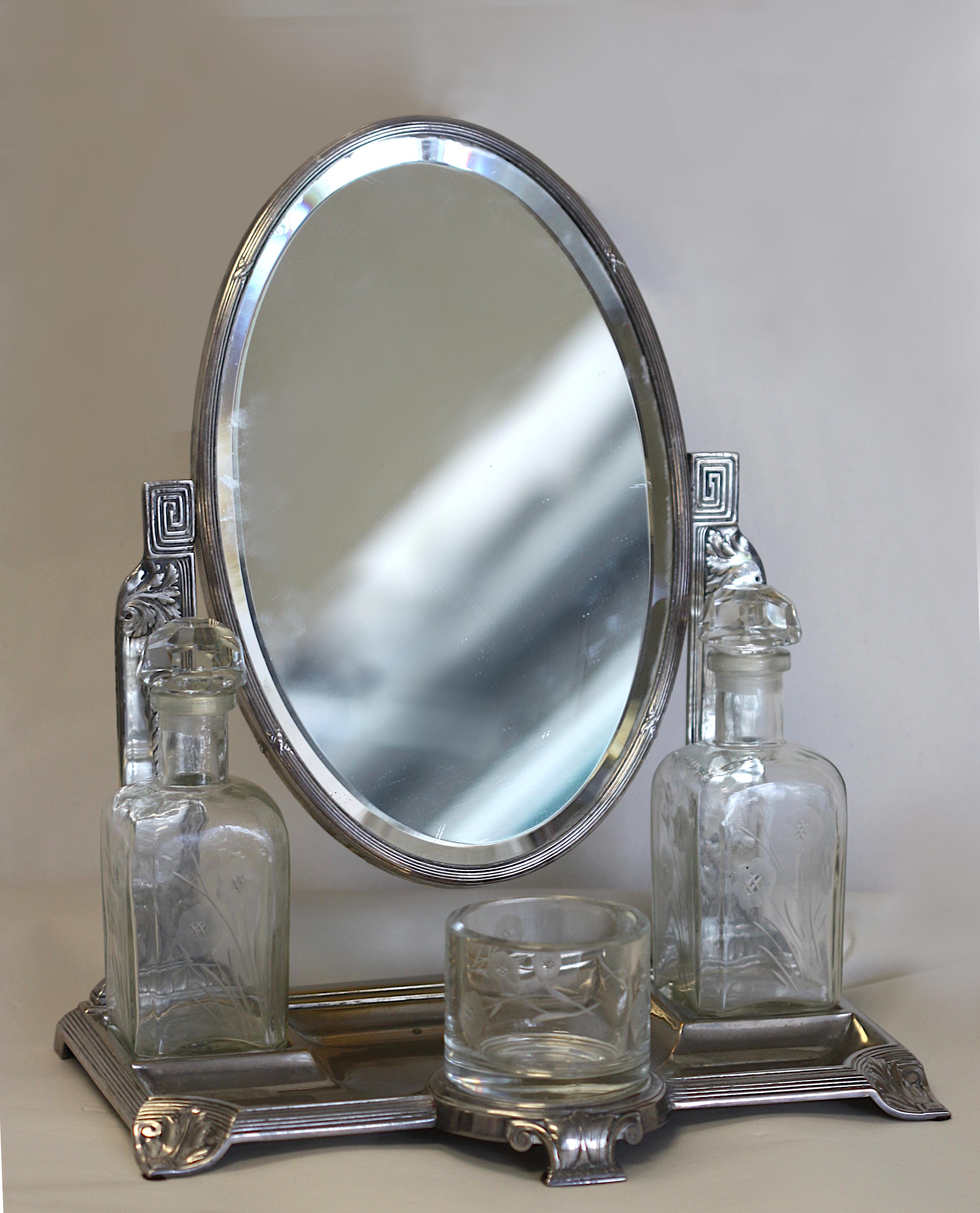  Art Nouveau Silver Plate & Cut Glass Mirror Dressing Set For Sale 1
