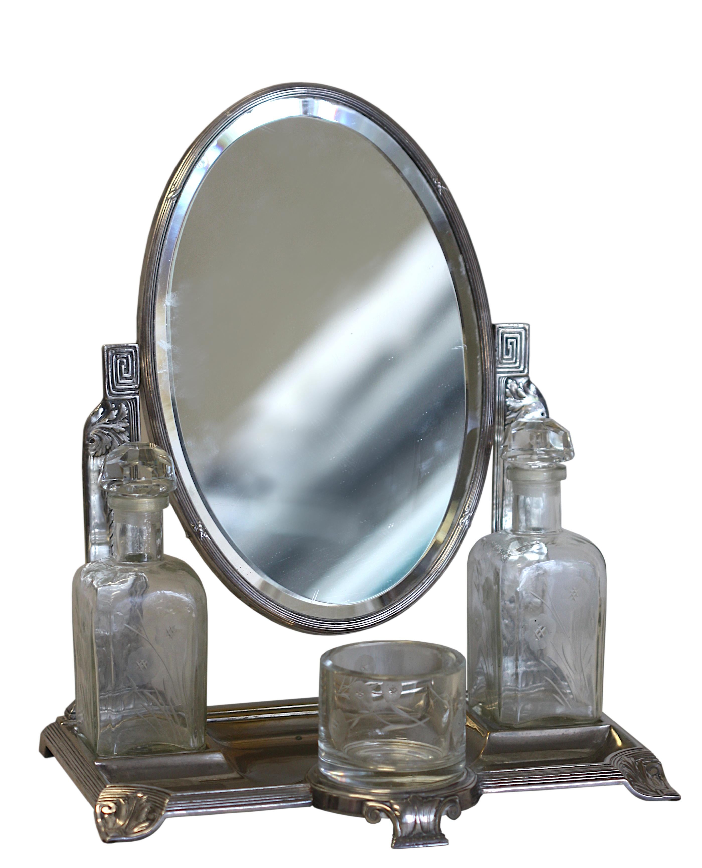  Art Nouveau Silver Plate & Cut Glass Mirror Dressing Set For Sale 4