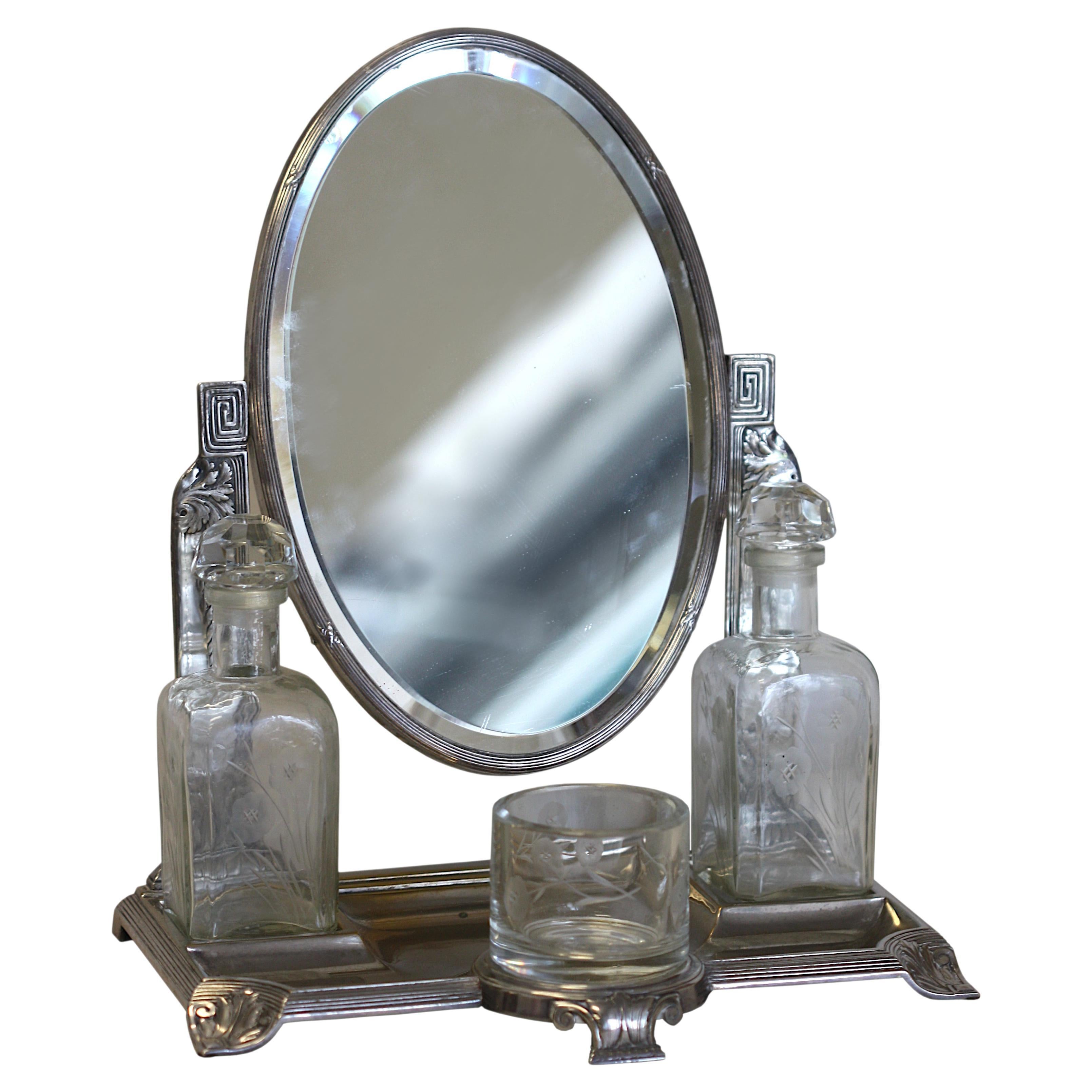 Art Nouveau Silver Plate & Cut Glass Mirror Dressing Set For Sale
