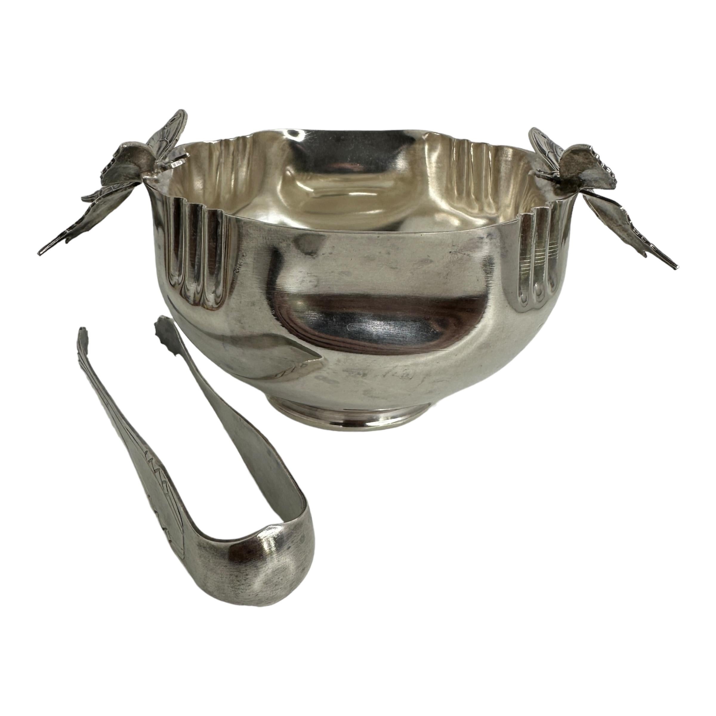 Jugendstil-Zuckerzangen und Schale aus versilbertem Jugendstil mit Schmetterling, antik, 1920er Jahre im Zustand „Gut“ im Angebot in Nuernberg, DE