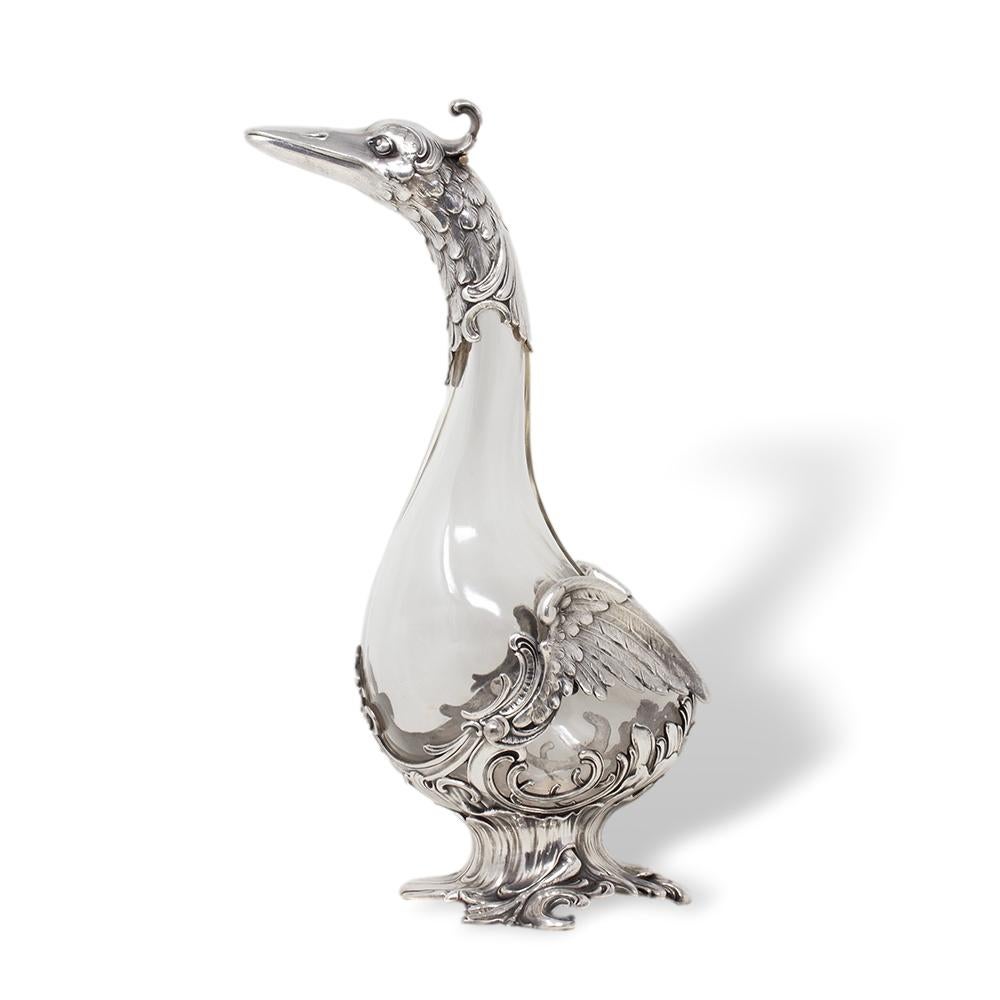 Metal Art Nouveau Silver Plate Swan Decanter WMF For Sale