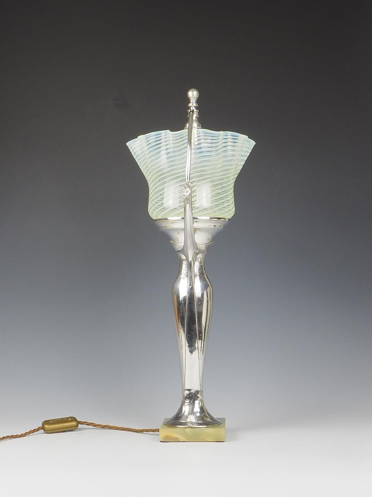 19th Century Art Nouveau Silver Plate Table Lamp with Vaseline Shade Signed M.C For Sale