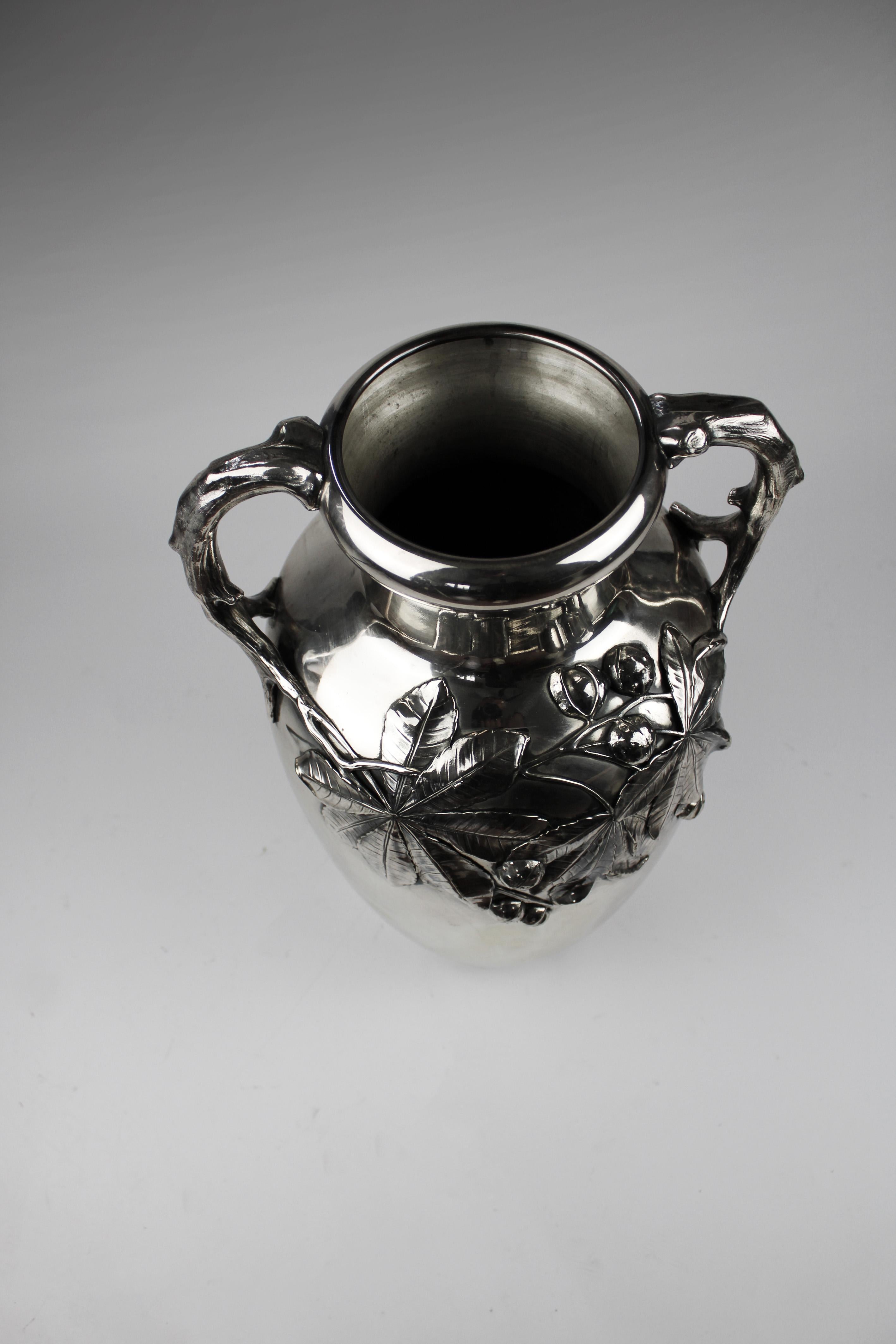 Jugendstil Art Nouveau Silver Plated Amphora  Chestnut decor by J P Kayser Krefeld Germany For Sale