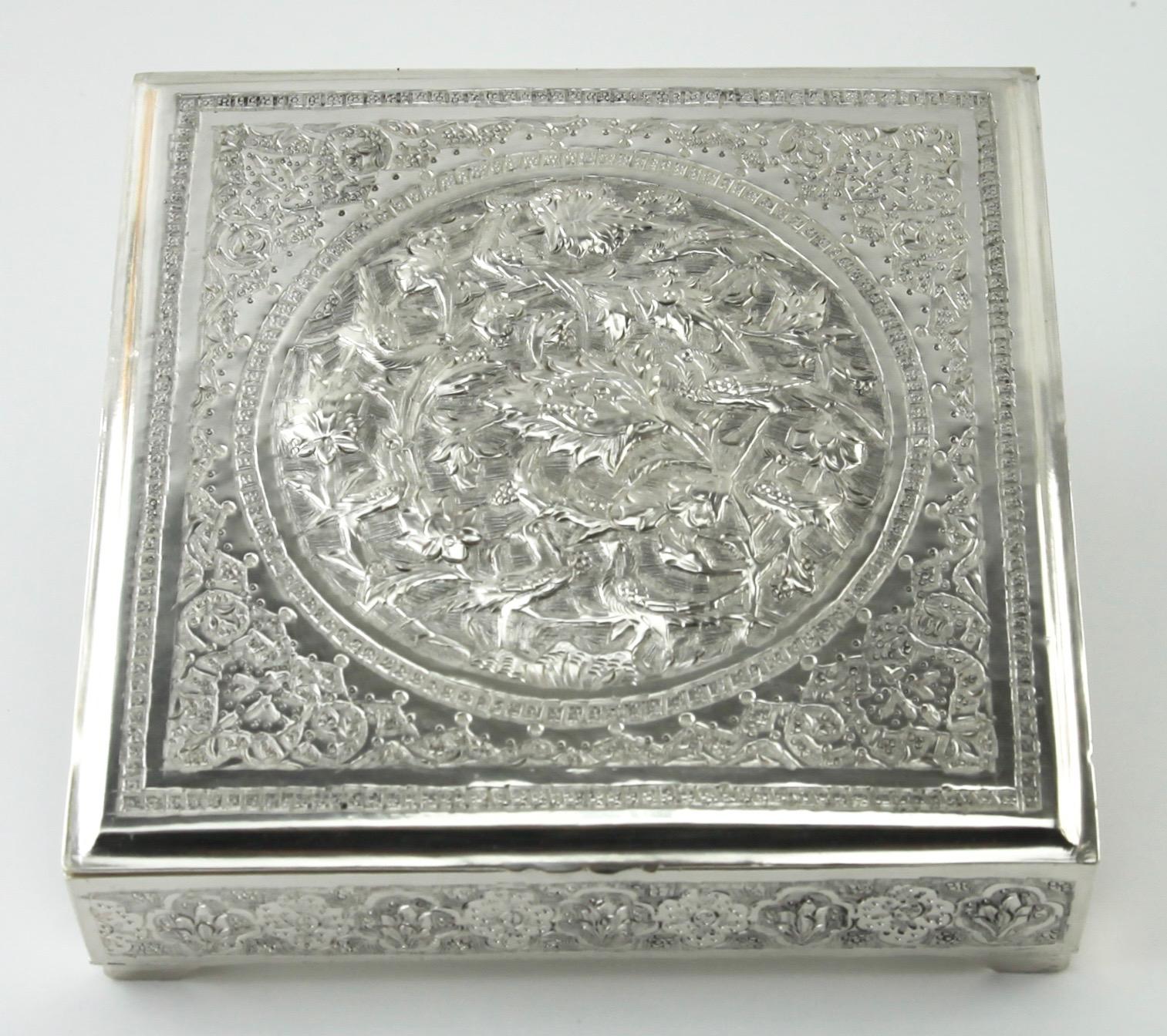 Art Nouveau silver plated repousse tobacco or jewelry box

The top, front, sides and back are beautifully cast and feature panels
with images of birds and flowers

Good condition: Newly silver-plated last picture before