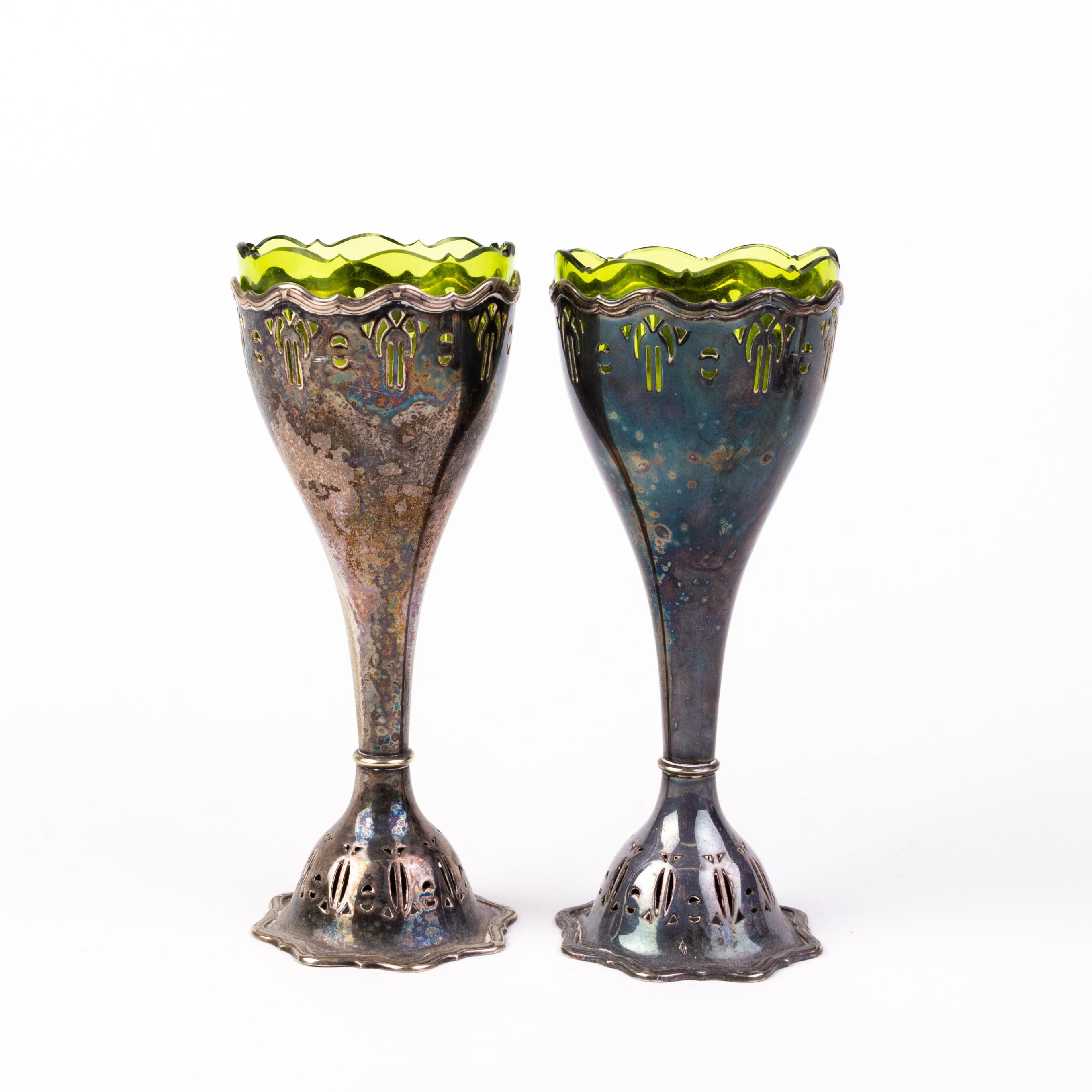 Art Nouveau Silver Plated Spill Vases with Glass Liners In Good Condition For Sale In Nottingham, GB