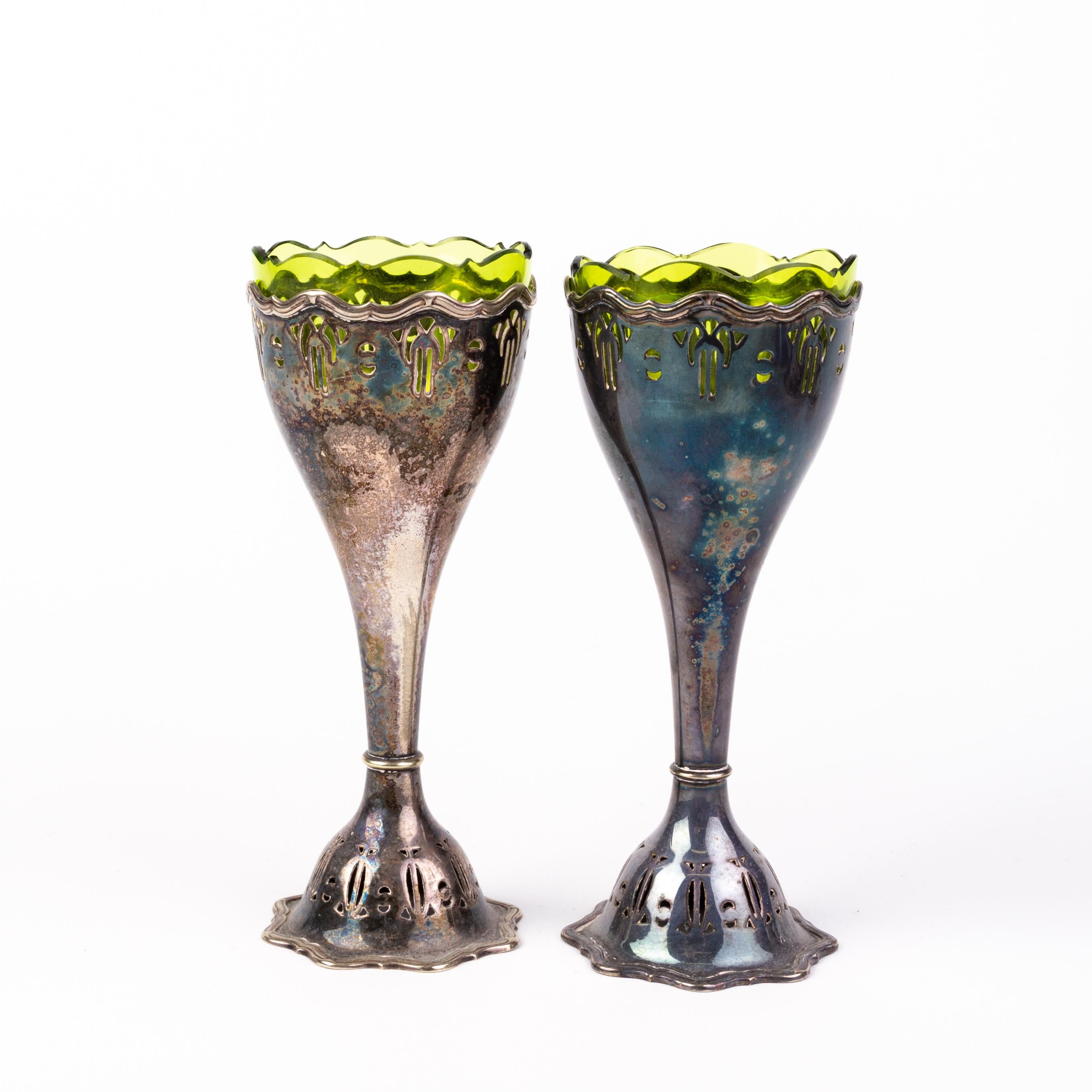 20th Century Art Nouveau Silver Plated Spill Vases with Glass Liners For Sale