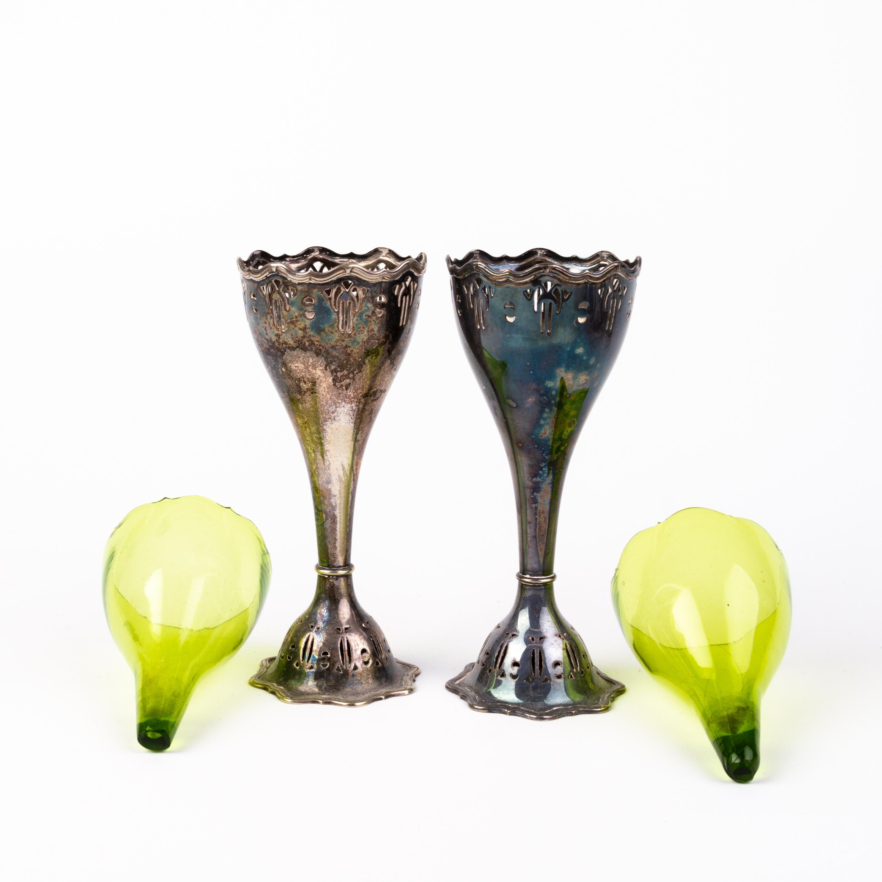 Art Nouveau Silver Plated Spill Vases with Glass Liners For Sale 1