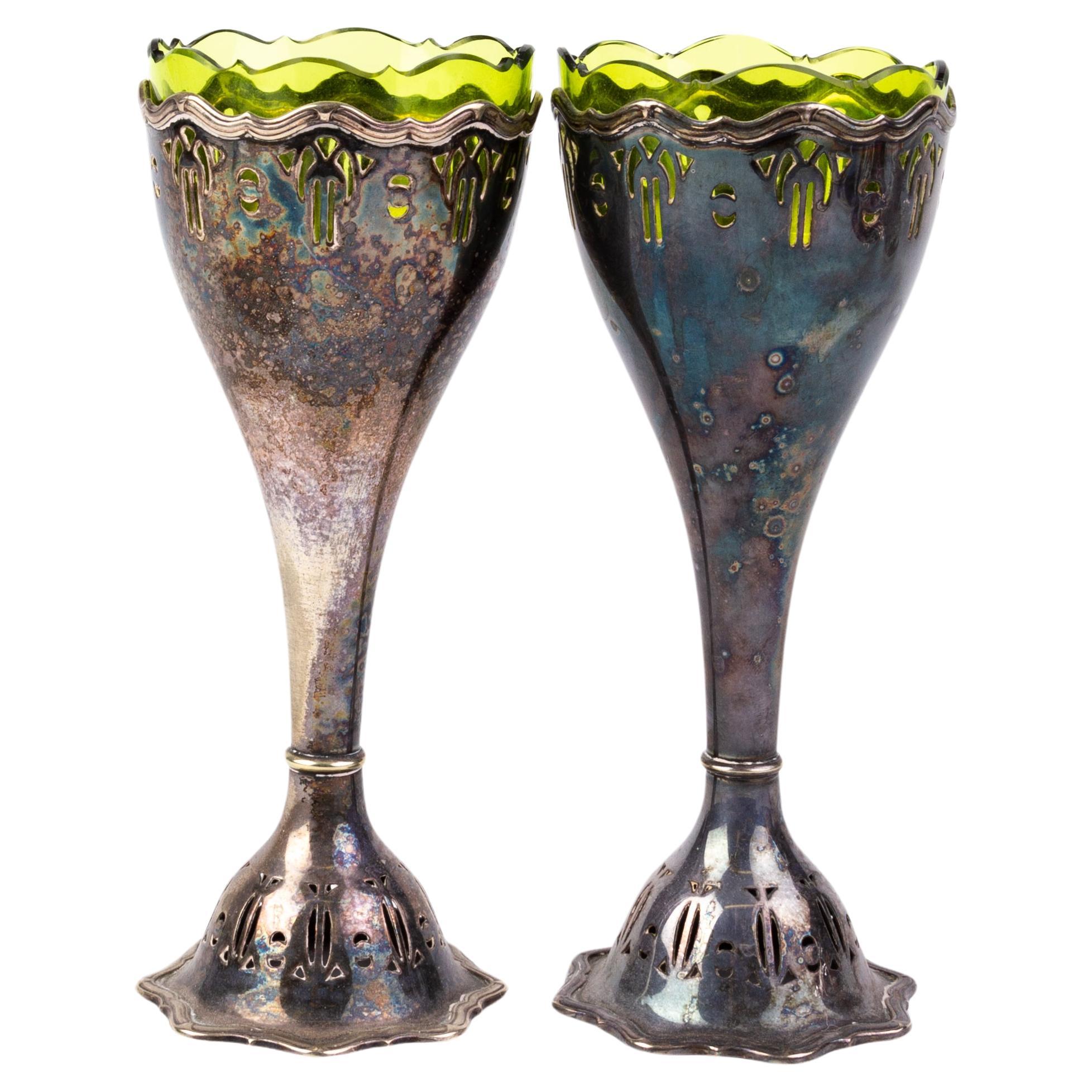 Art Nouveau Silver Plated Spill Vases with Glass Liners For Sale