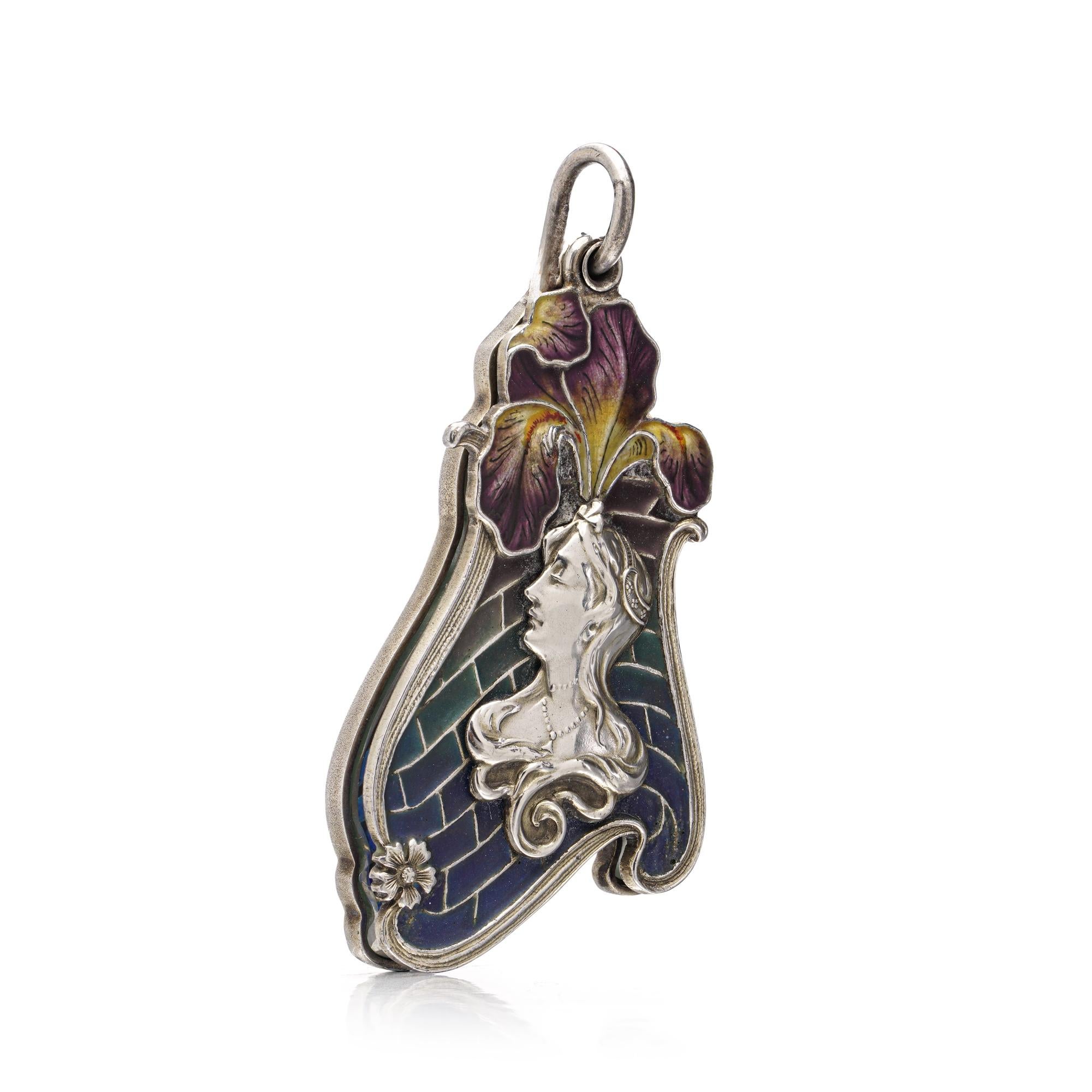 Colgante de plata Art Nouveau Plique-à-Jour Iris con espejo, Circa 1900 en Bueno estado para la venta en Braintree, GB