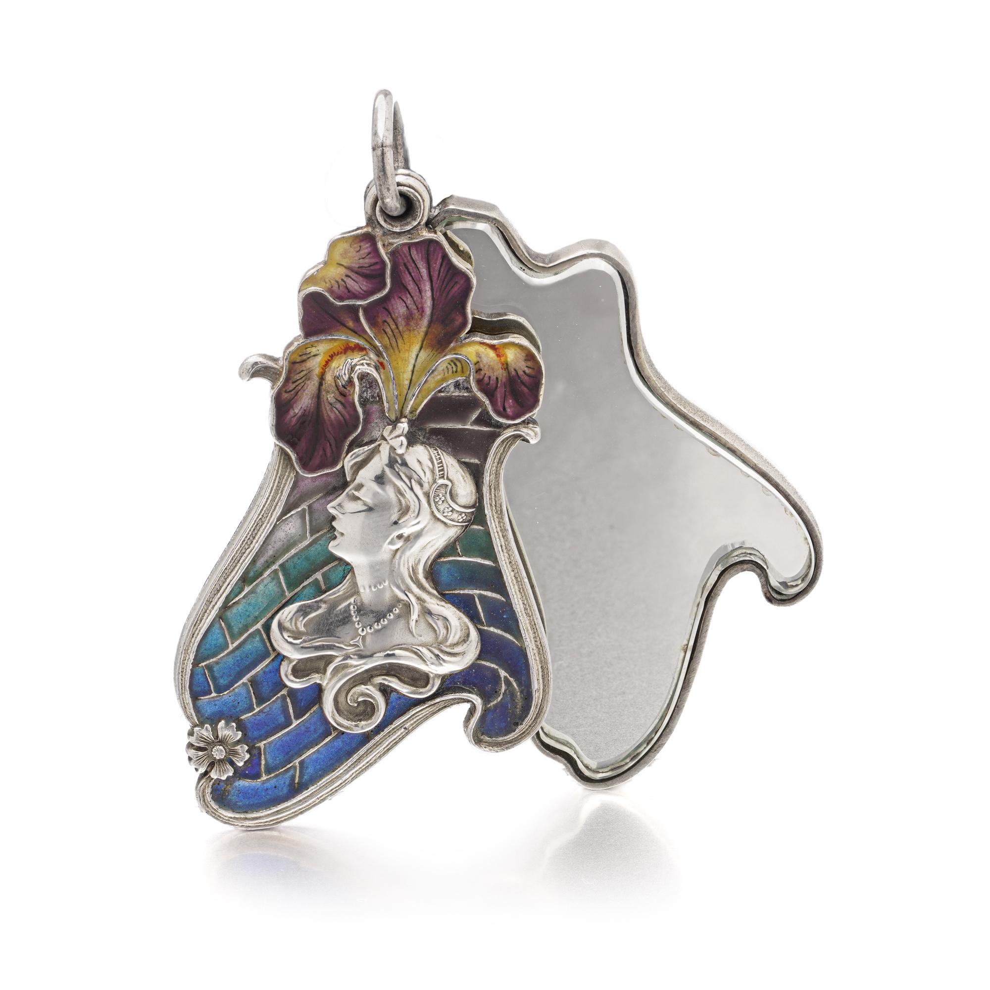 De las mujeres Colgante de plata Art Nouveau Plique-à-Jour Iris con espejo, Circa 1900 en venta