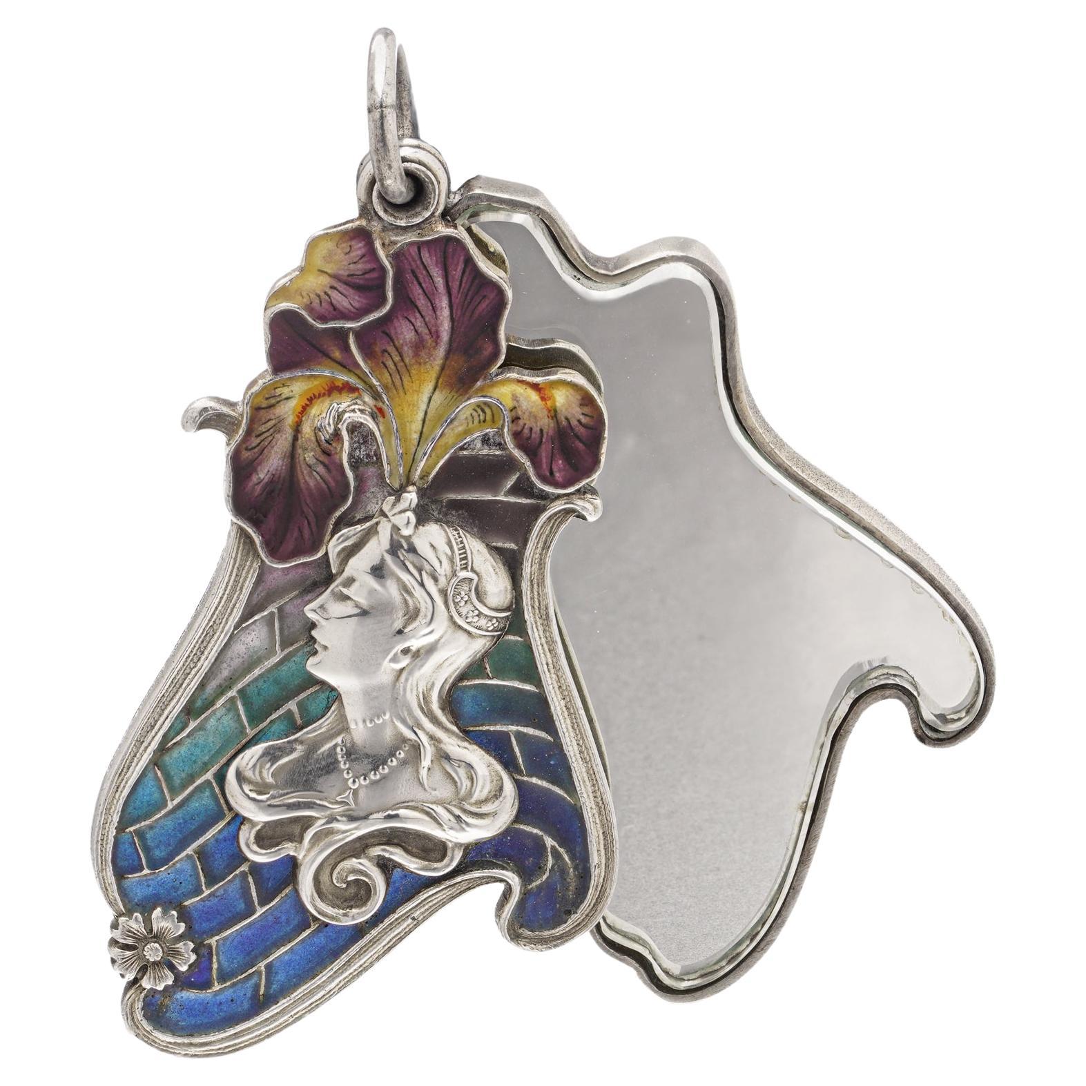 Art Nouveau Silber Plique-à-Jour Iris Anhänger mit Spiegel, CIRCA 1900