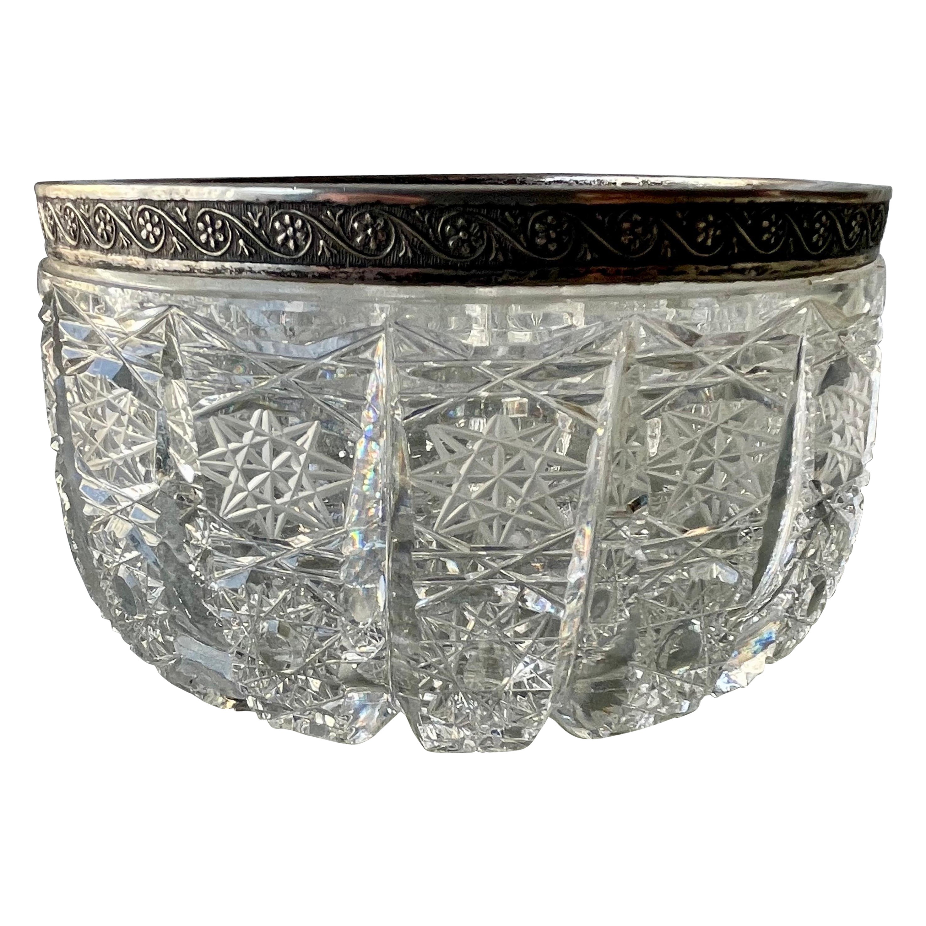 Art Nouveau Silver Rimmed Deeply Brilliant Cut Glass Round 6" Accent Bowl For Sale