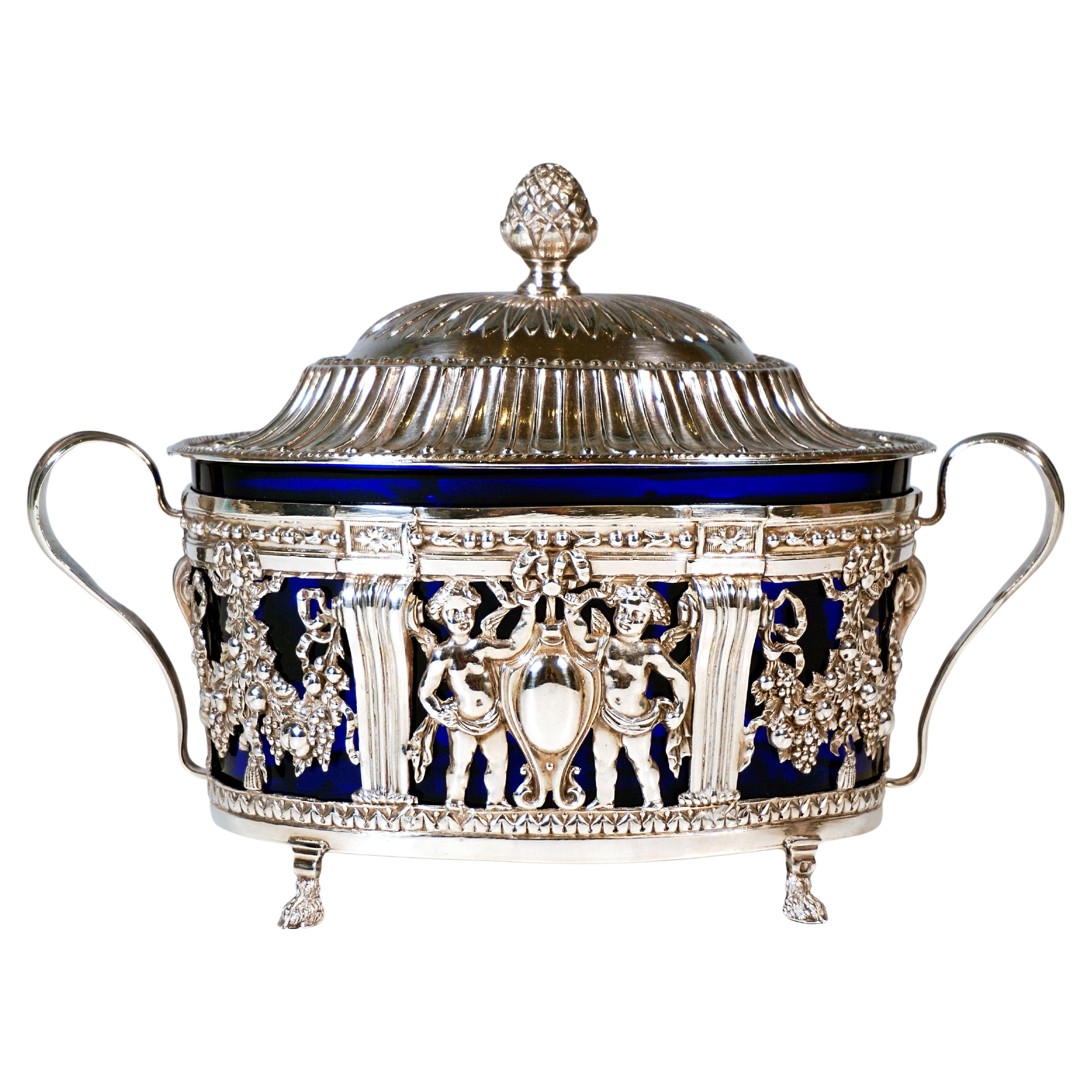 Sucrier Art Nouveau en argent avec couvercle en verre bleu, France, Circa 1900 en vente