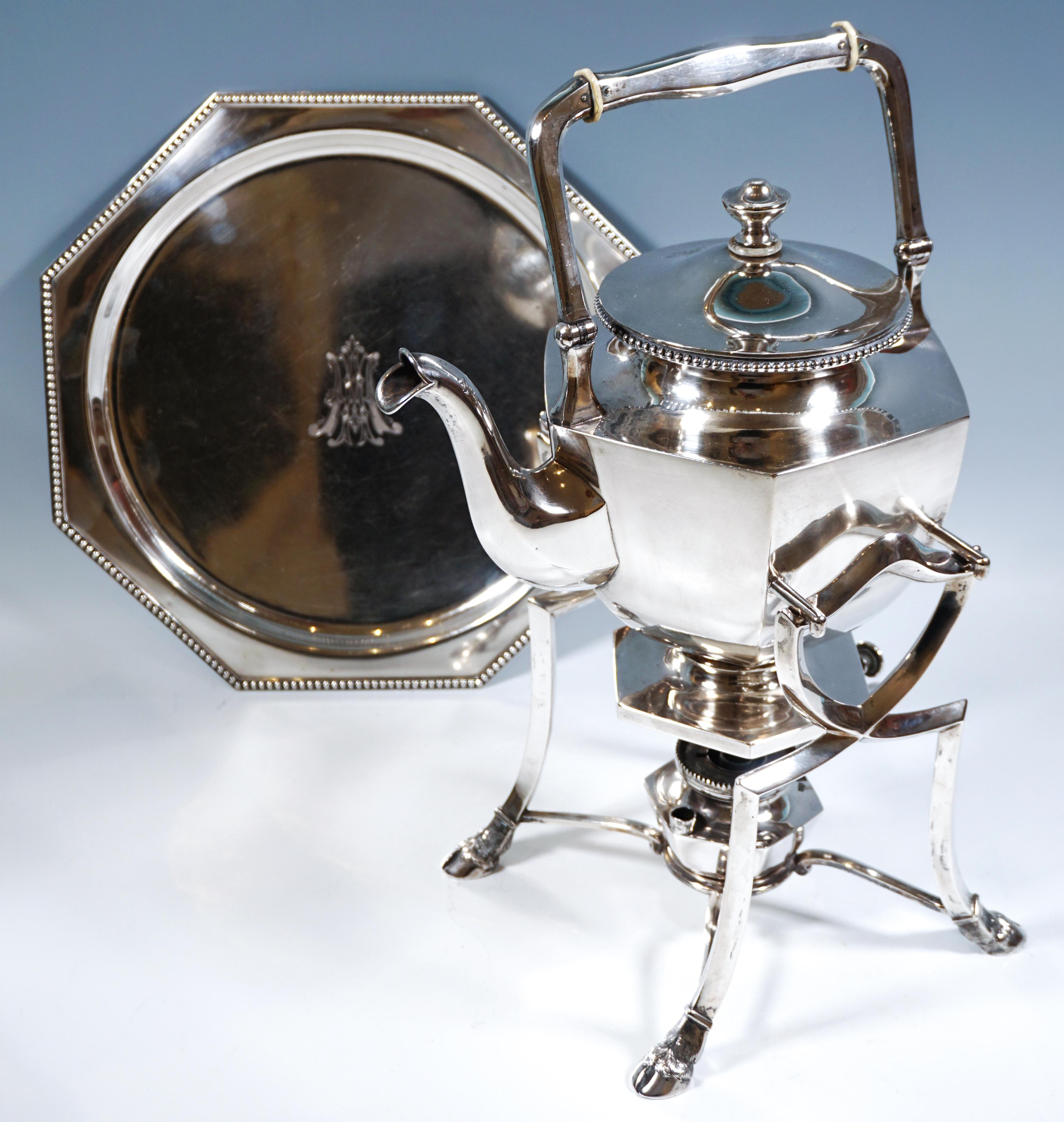 Hand-Crafted Art Nouveau Silver Tea Pot With Burner & Tray, D. Vollgold & Son Berlin, Germany For Sale