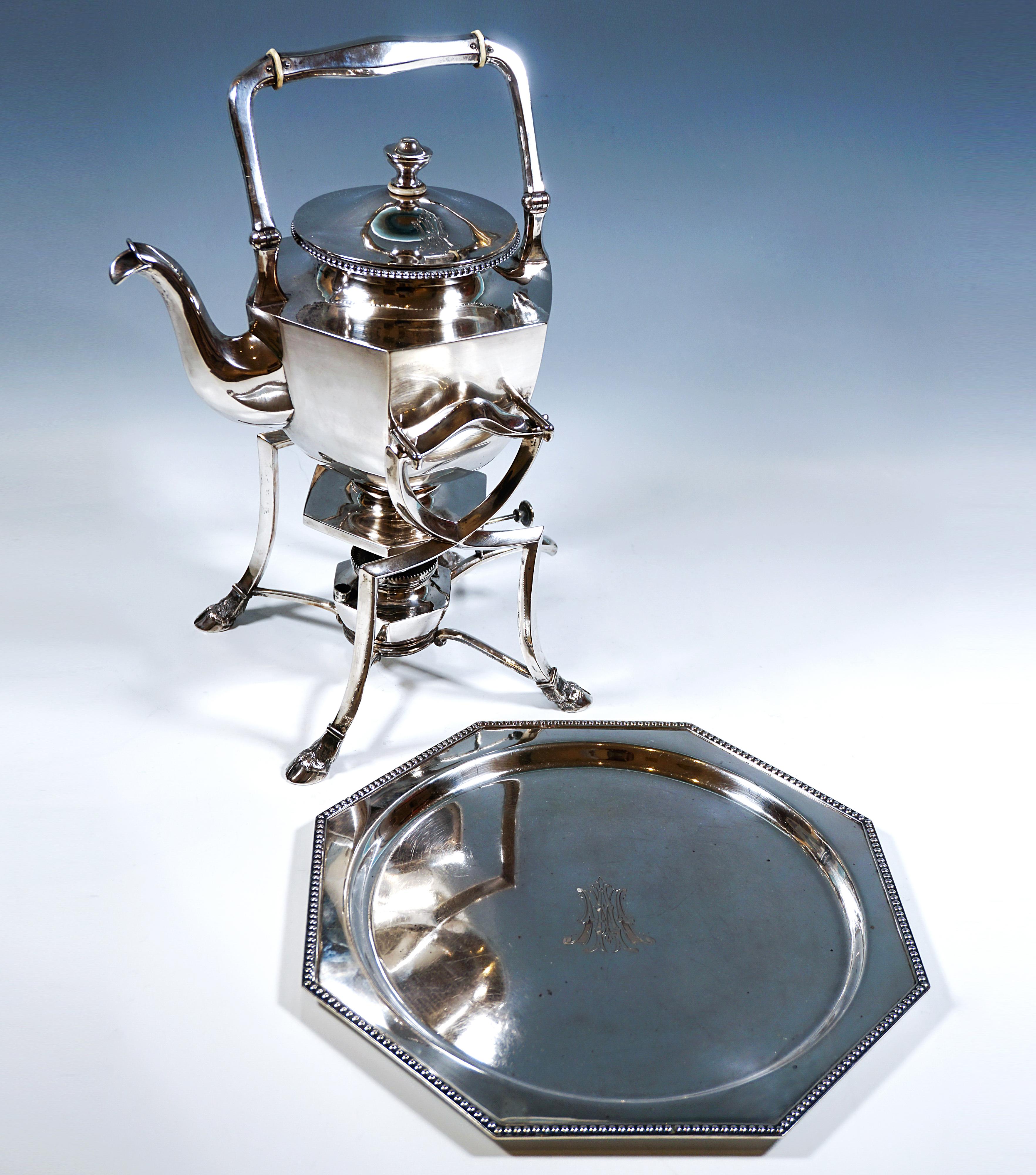 Early 20th Century Art Nouveau Silver Tea Pot With Burner & Tray, D. Vollgold & Son Berlin, Germany For Sale