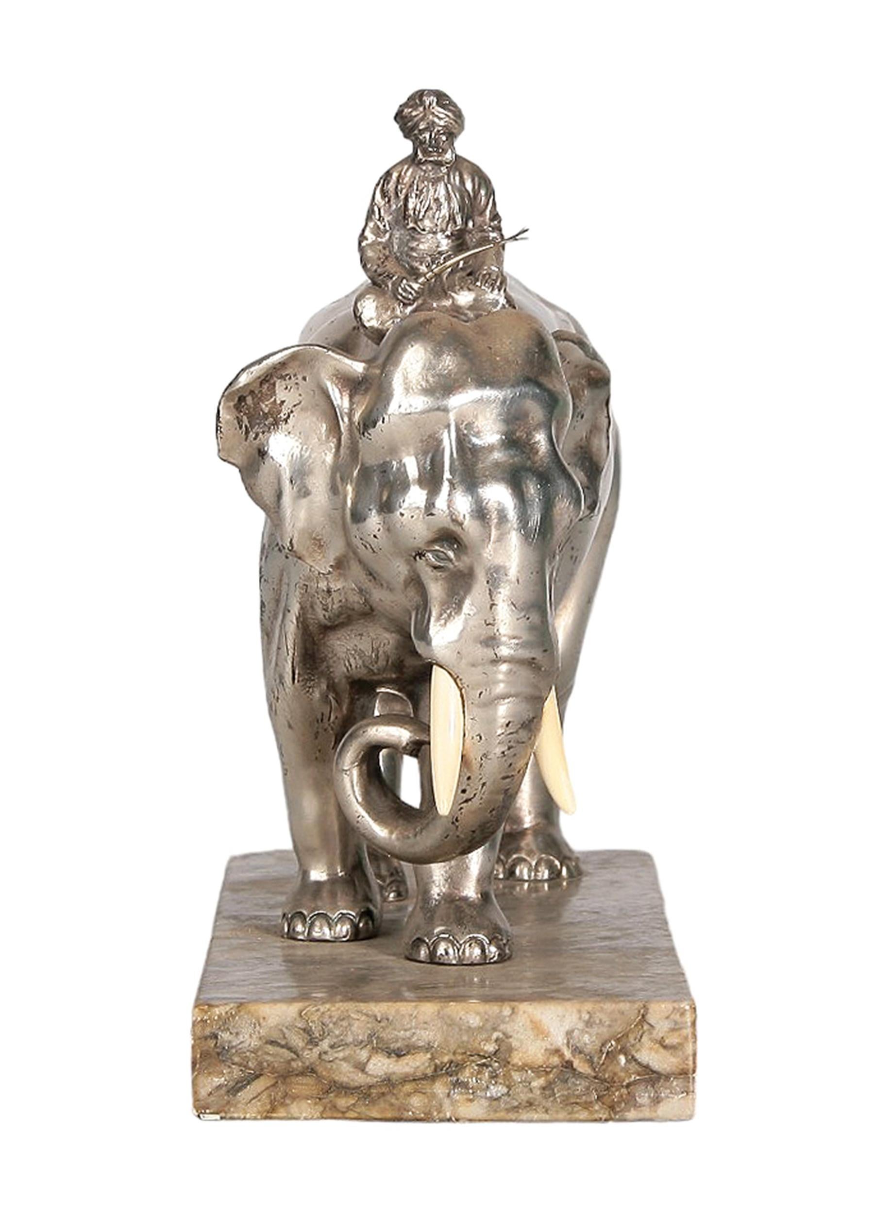 French Art Nouveau Silver-Tone Metal/Bone Elephant Sculpture with Stone Base, France For Sale