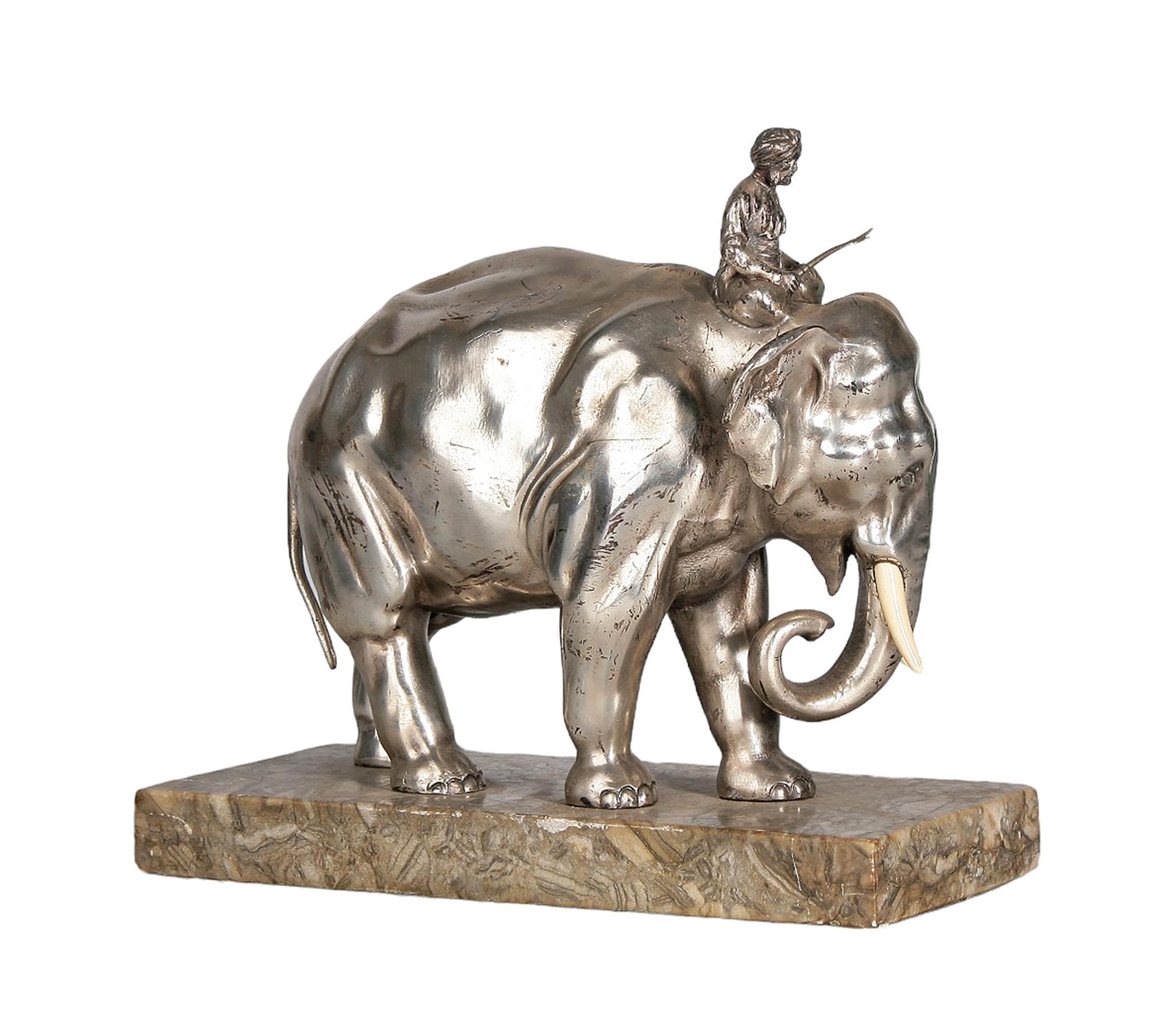 Carved Art Nouveau Silver-Tone Metal/Bone Elephant Sculpture with Stone Base, France For Sale