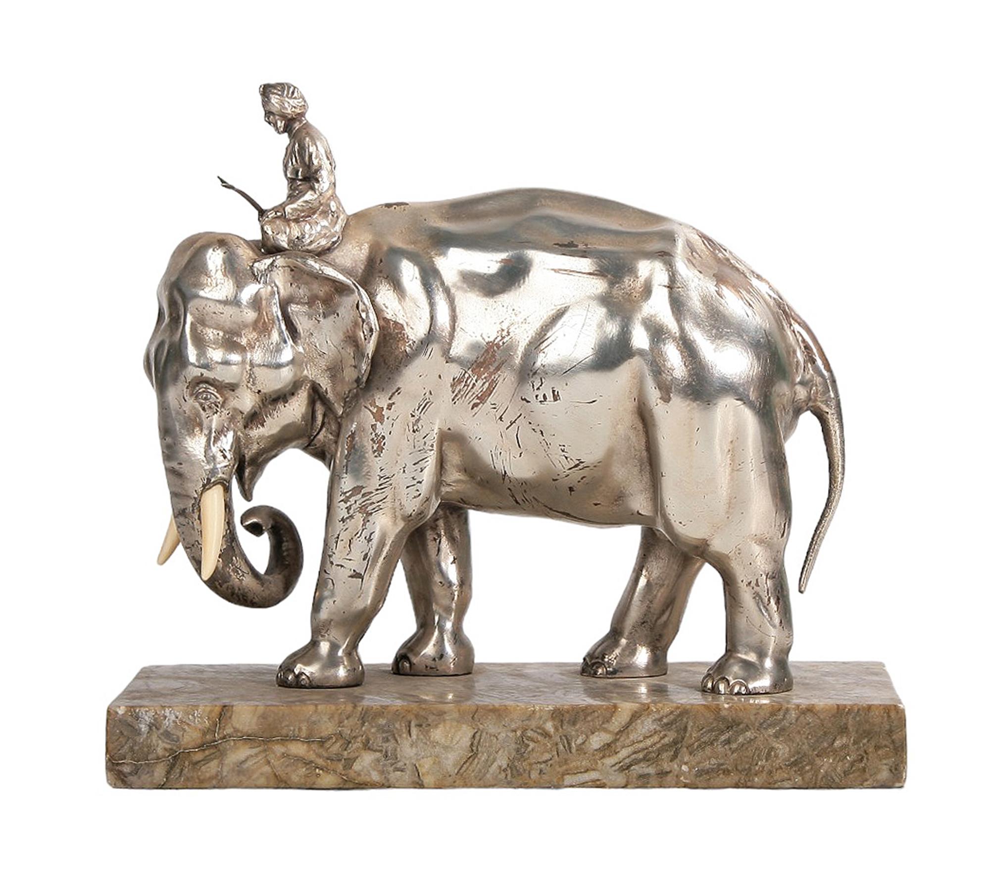 Art Nouveau Silver-Tone Metal/Bone Elephant Sculpture with Stone Base, France In Good Condition For Sale In North Miami, FL