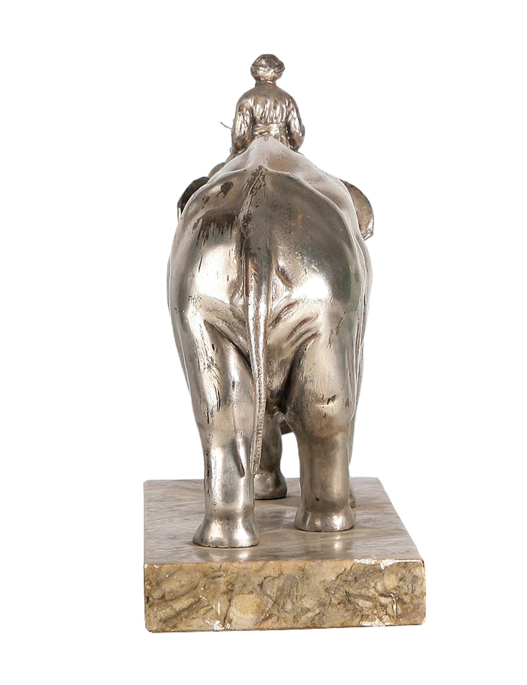 20th Century Art Nouveau Silver-Tone Metal/Bone Elephant Sculpture with Stone Base, France For Sale