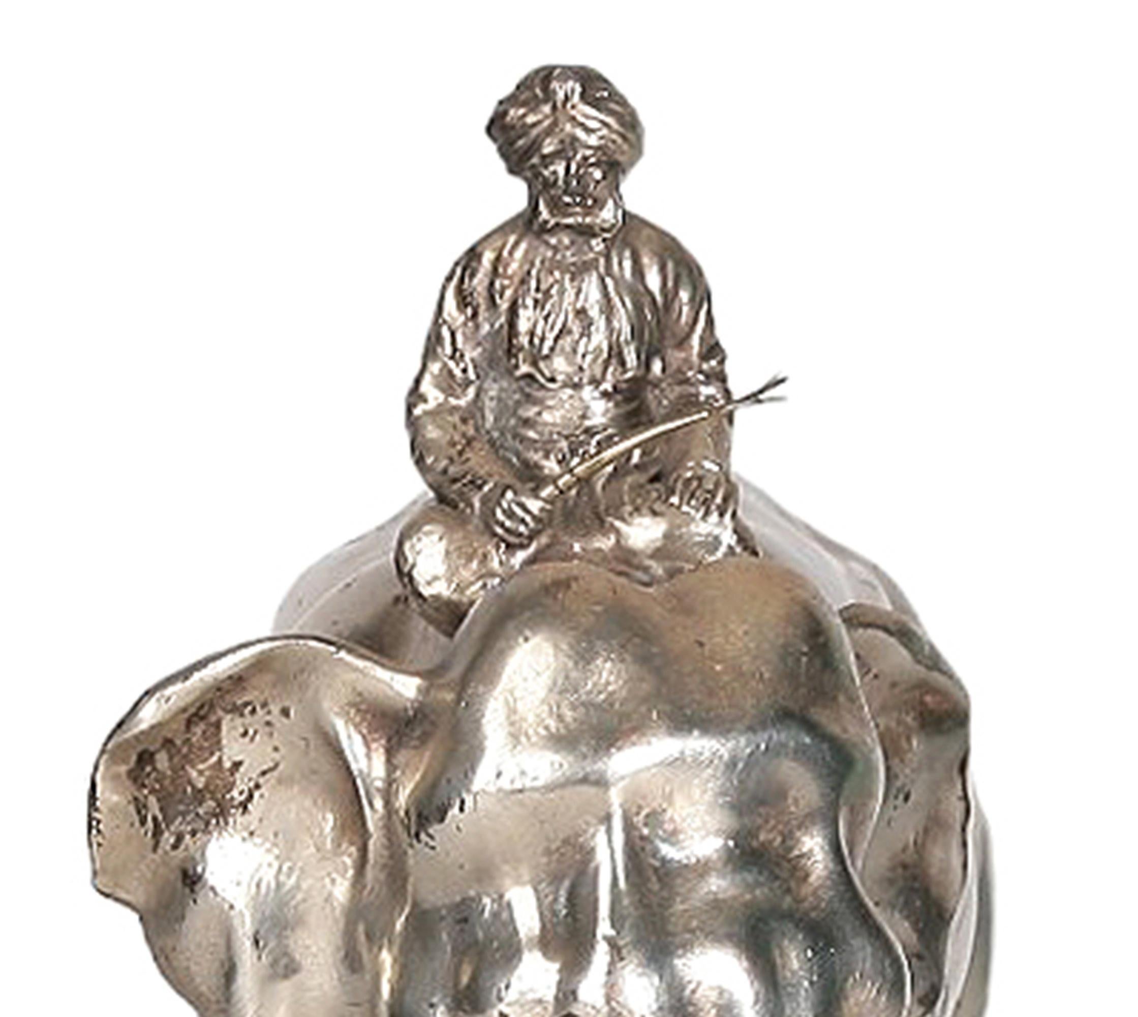 Art Nouveau Silver-Tone Metal/Bone Elephant Sculpture with Stone Base, France For Sale 2