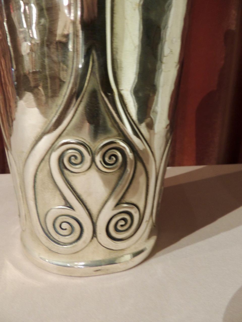 German Art Nouveau Silver Vase with Hammered Details by Carl Deffner For Sale