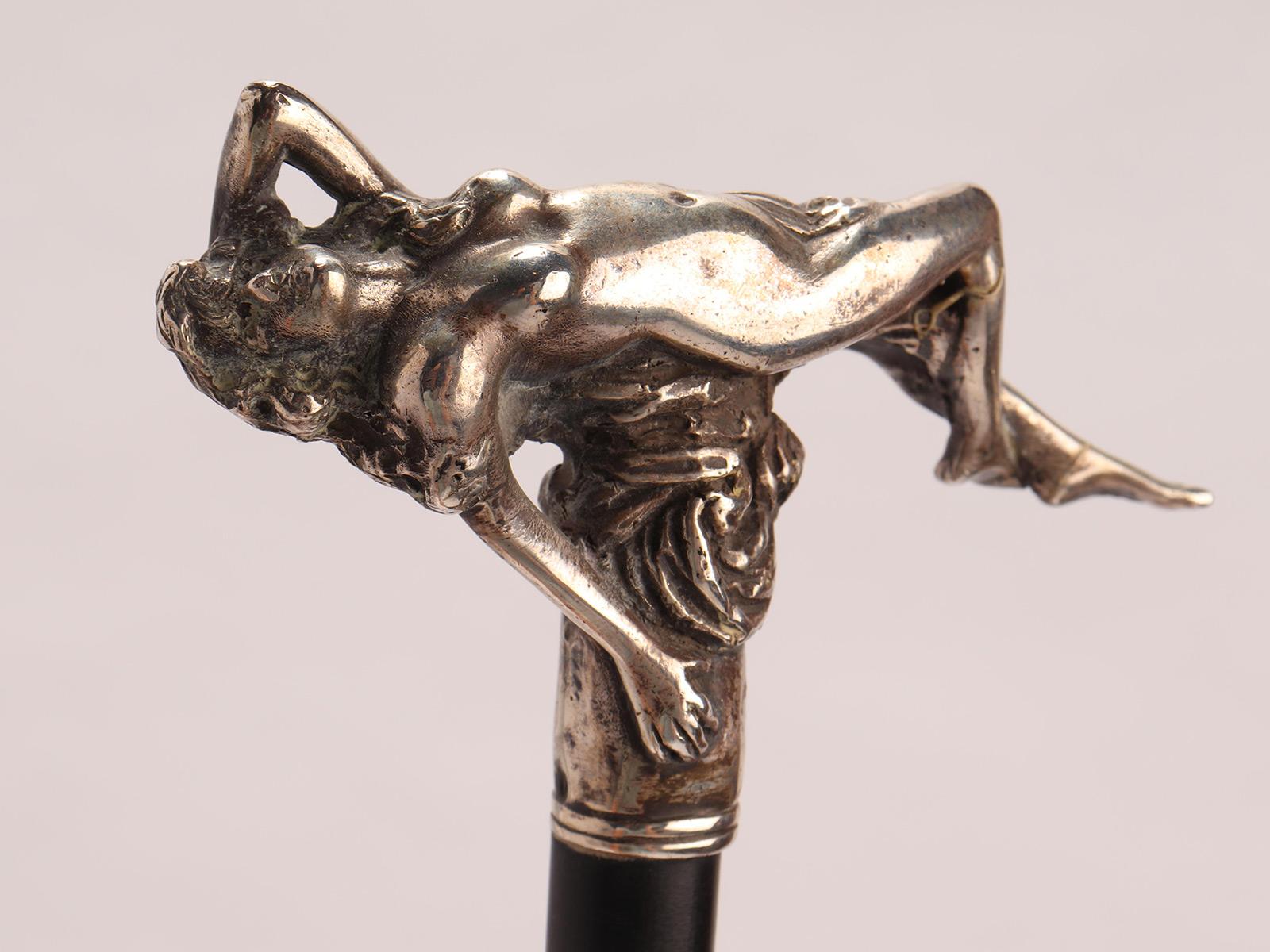 20th Century Art Nouveau silver walking stick depicting a reclining naked woman, Germany 1900 For Sale