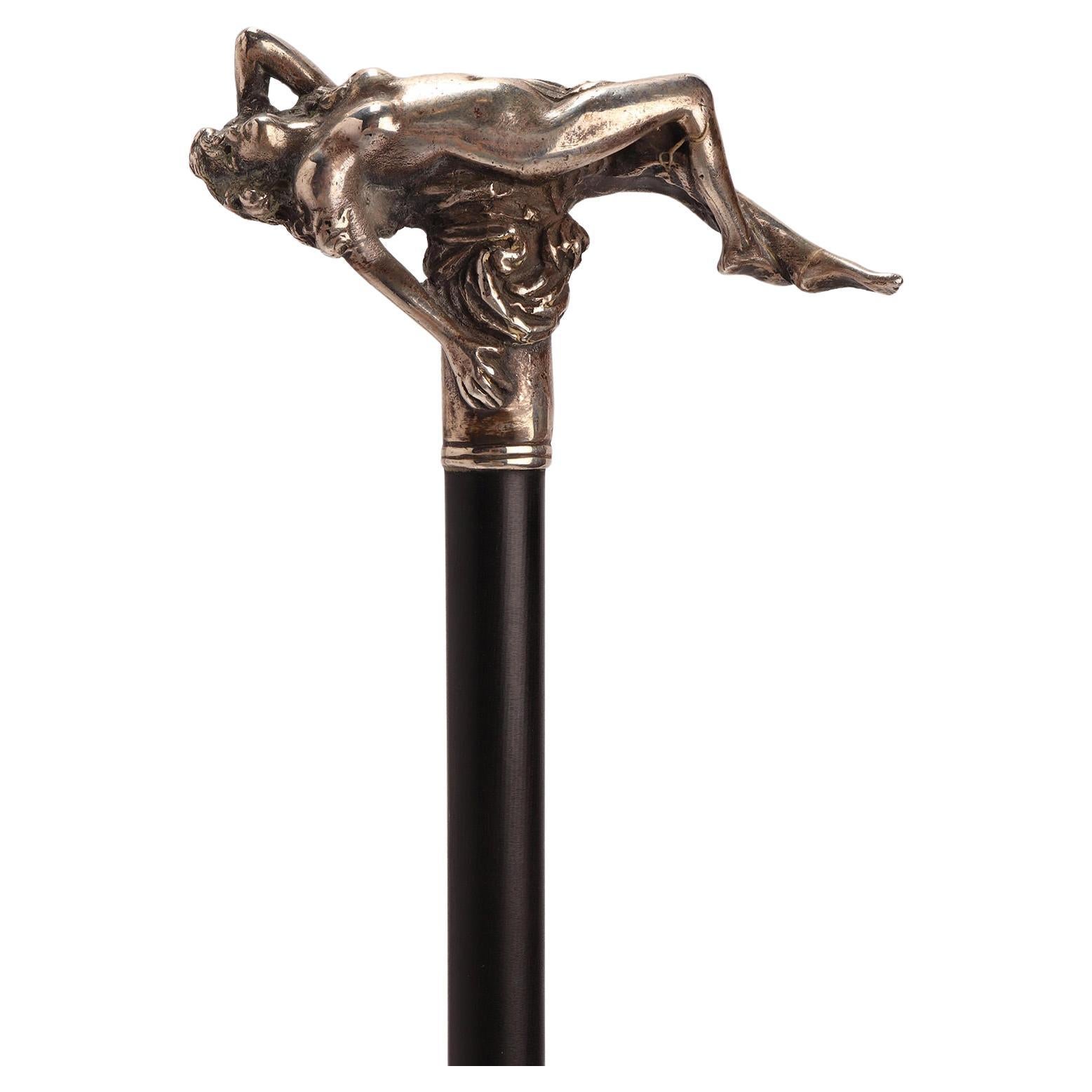 Art Nouveau silver walking stick depicting a reclining naked woman, Germany 1900 For Sale
