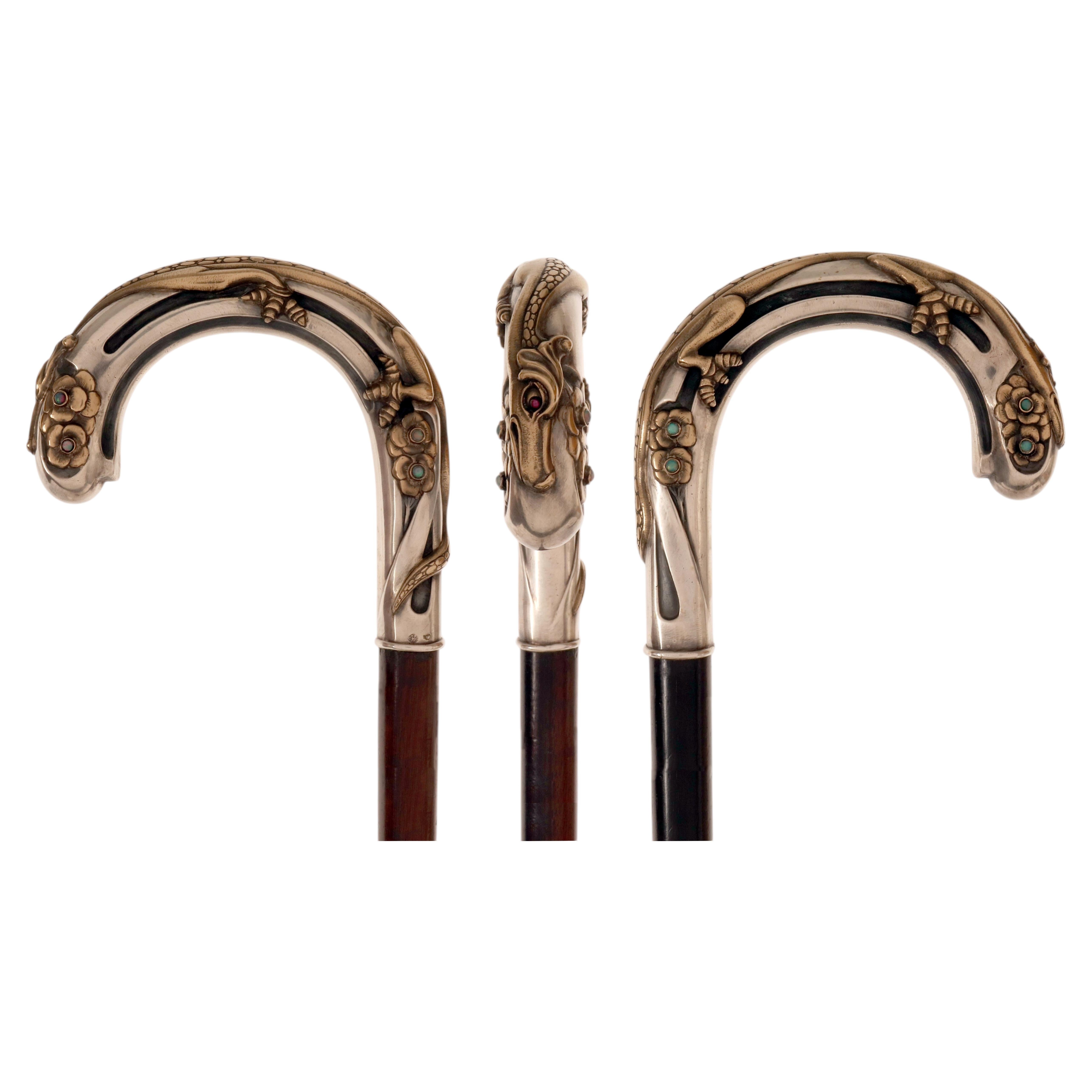 Canne en argent Art Nouveau avec dragon, par Eugène Lefebvre, France 1900.